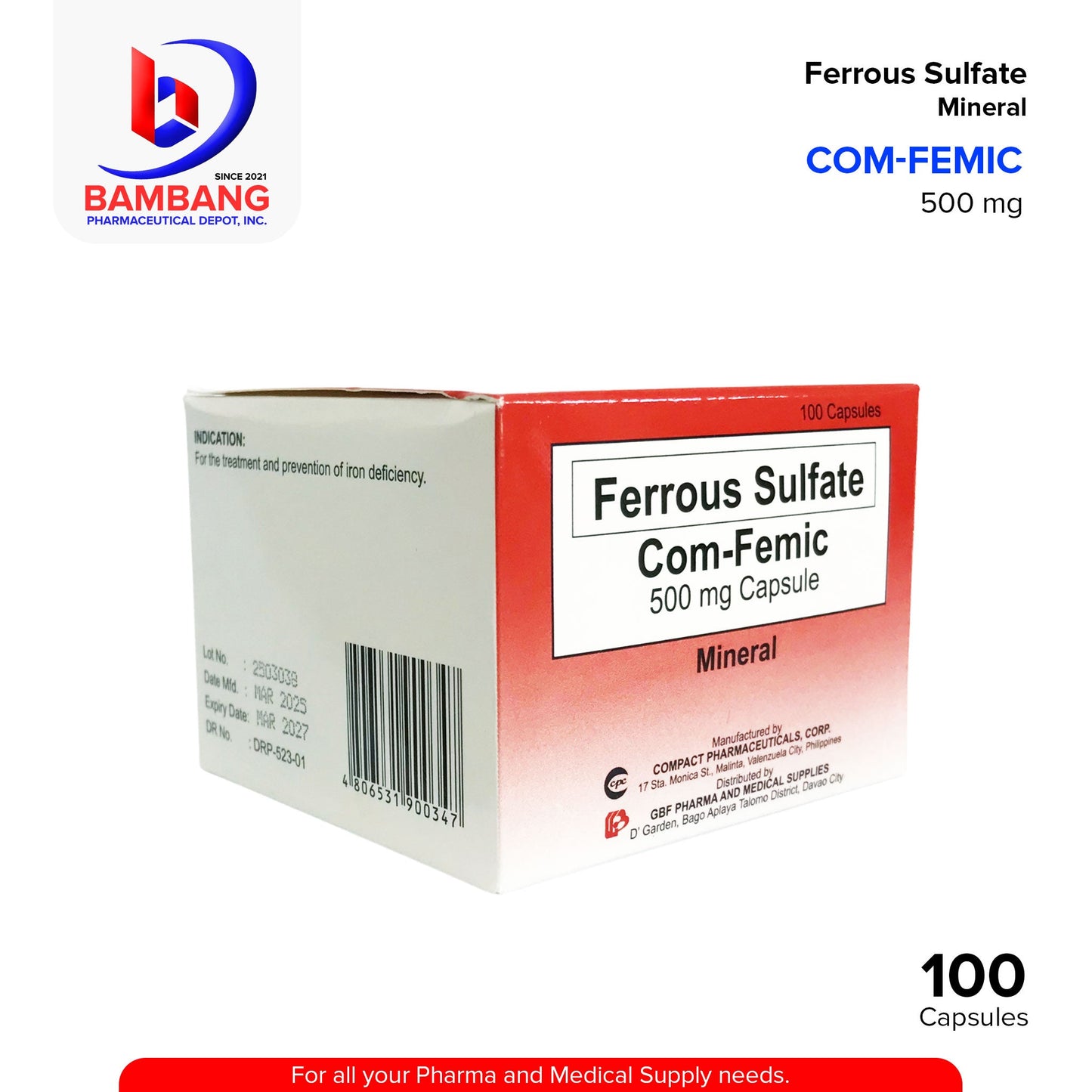 COM-FEMIC Ferrous Sulfate Mineral 500 mg Capsule 100's