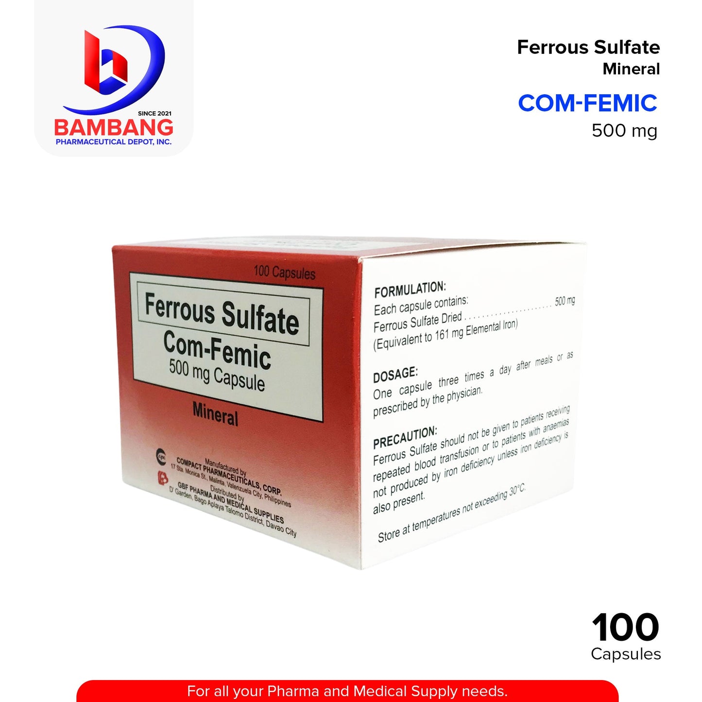 COM-FEMIC Ferrous Sulfate Mineral 500 mg Capsule 100's