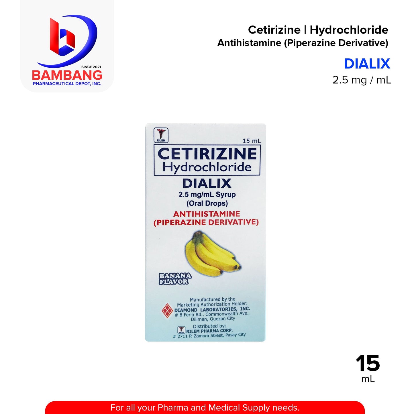 DIALIX Cetirizine Hydrochloride Antihistamine Piperazine Derivative 2.5 mg / mL Syrup Oral Drops 15mL