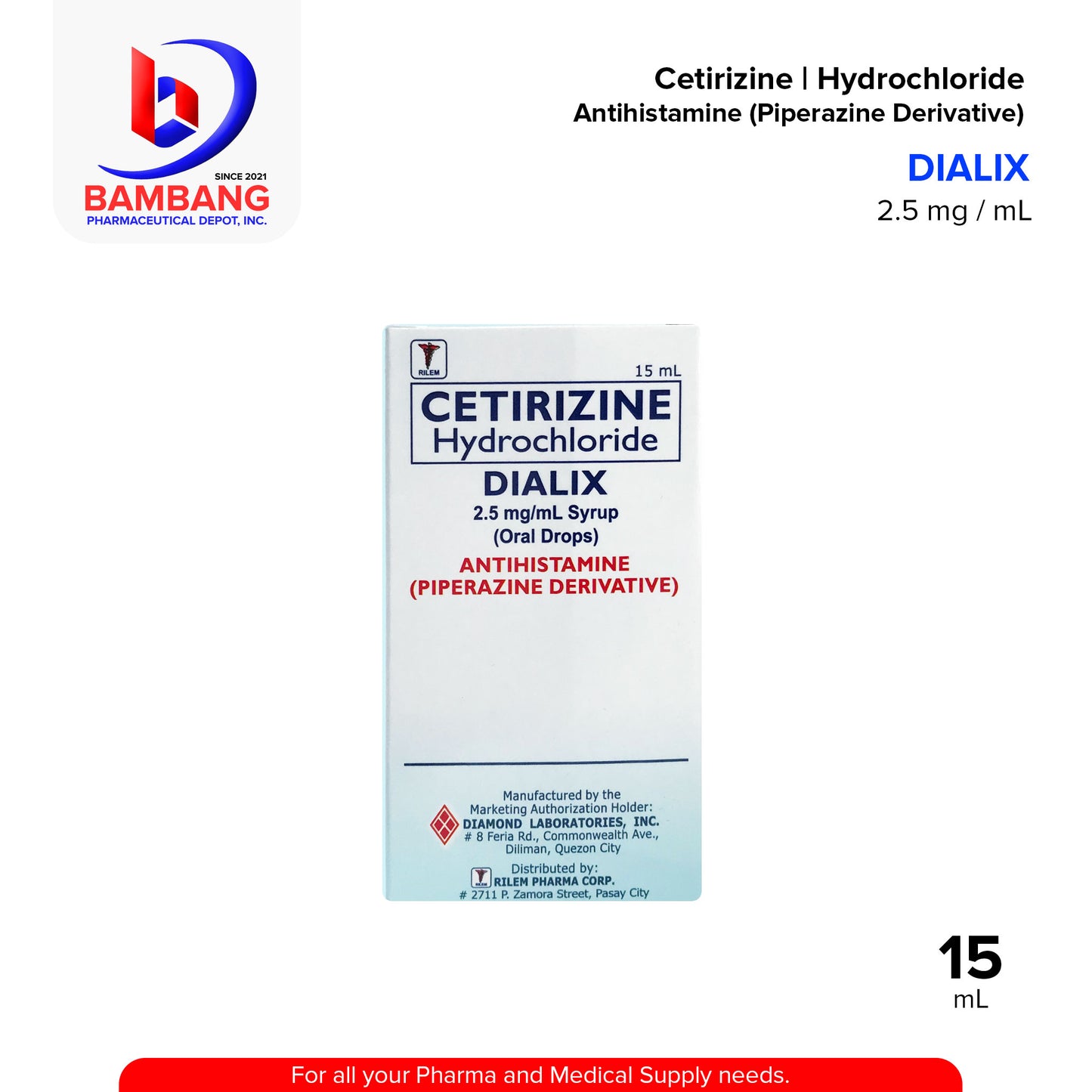 DIALIX Cetirizine Hydrochloride Antihistamine Piperazine Derivative 2.5 mg / mL Syrup Oral Drops 15mL