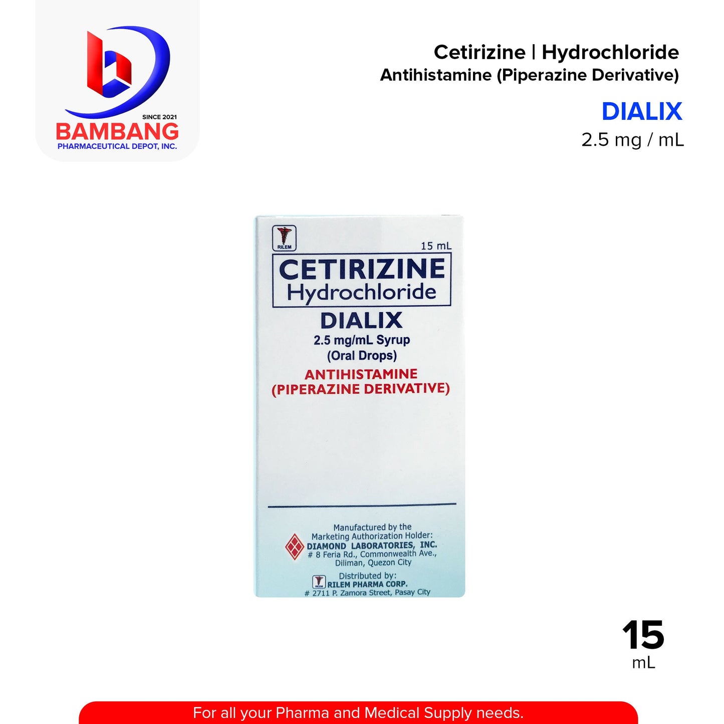 DIALIX Cetirizine Hydrochloride Antihistamine Piperazine Derivative 2.5 mg / mL Syrup Oral Drops 15mL