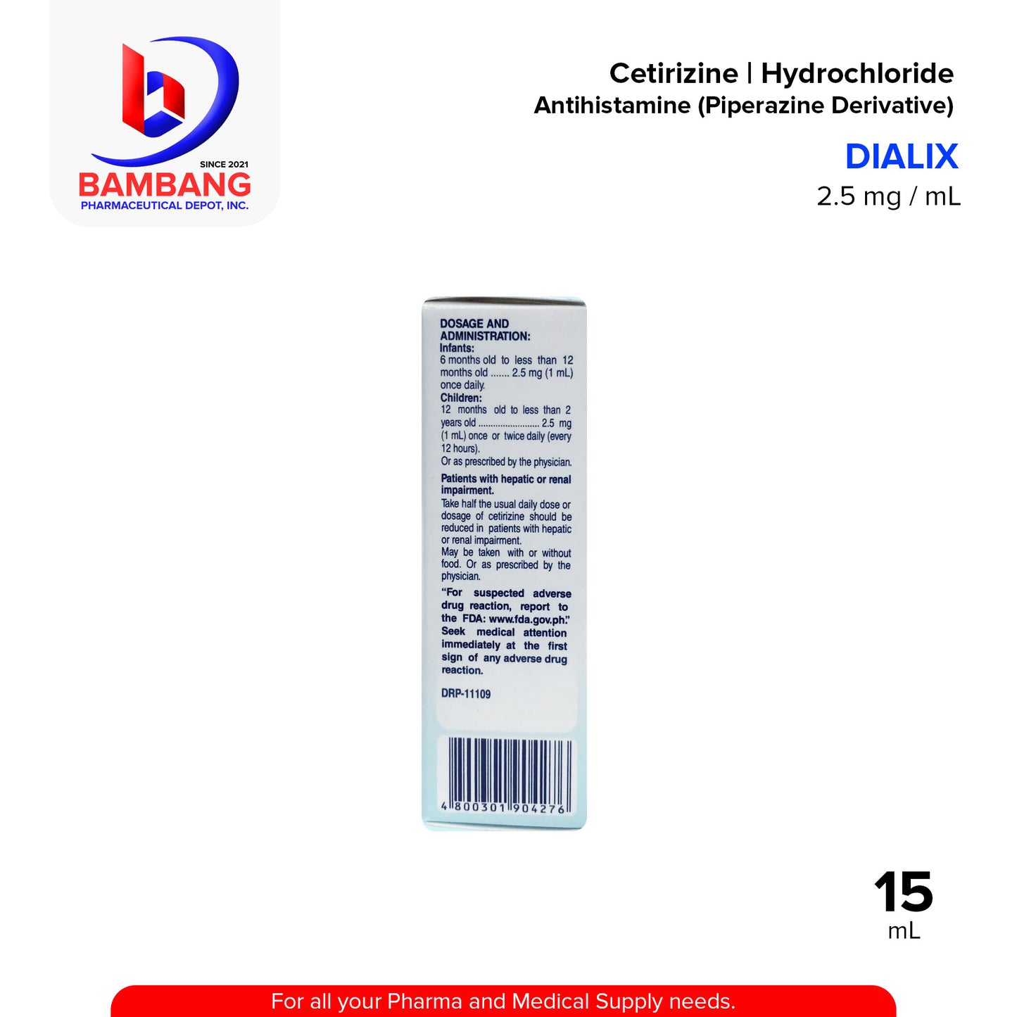 DIALIX Cetirizine Hydrochloride Antihistamine Piperazine Derivative 2.5 mg / mL Syrup Oral Drops 15mL