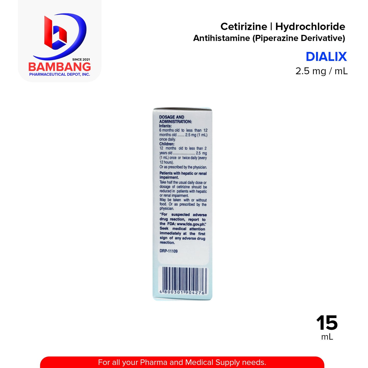 DIALIX Cetirizine Hydrochloride Antihistamine Piperazine Derivative 2.5 mg / mL Syrup Oral Drops 15mL