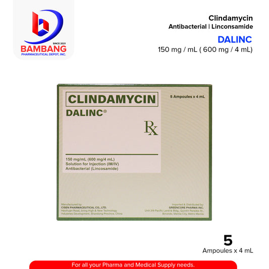 DALINC Clindamycin 150mg /ml 600mg / 4ml  Solution For Injection (I.M/I.V) Antibacterial (Lincosamide) 4ml Ampoules 5's