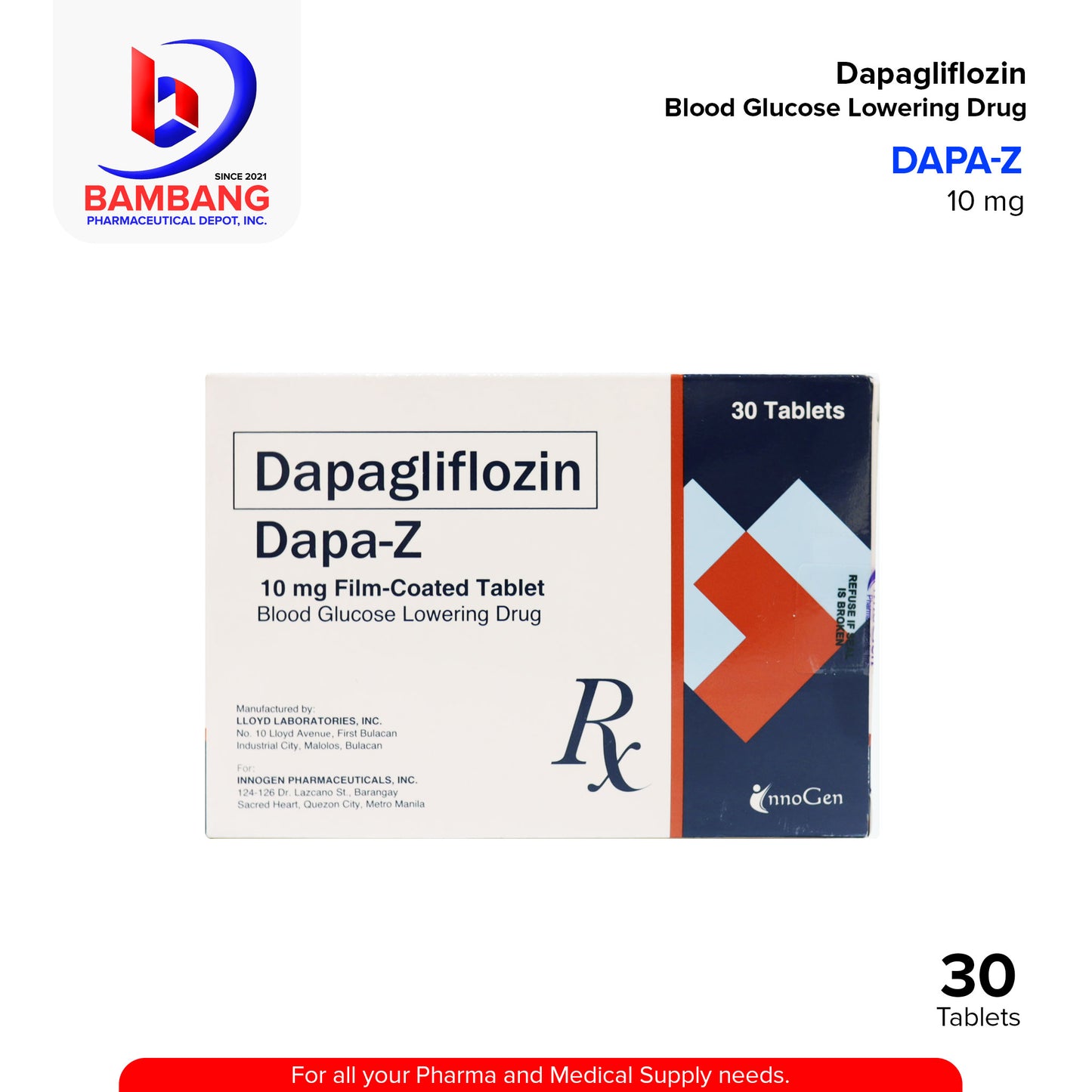 DAPA-Z Dapagliflozin Blood Glucose Lowering Drug 10mg Film Coated Tablet 30's