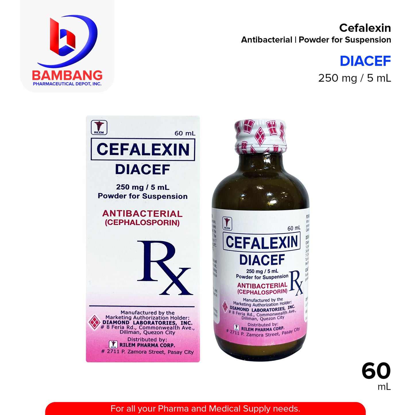 DIACEF Cefalexin Antibacterial Cephalosporin 250 mg / 5ml Powder for Suspension 60mL