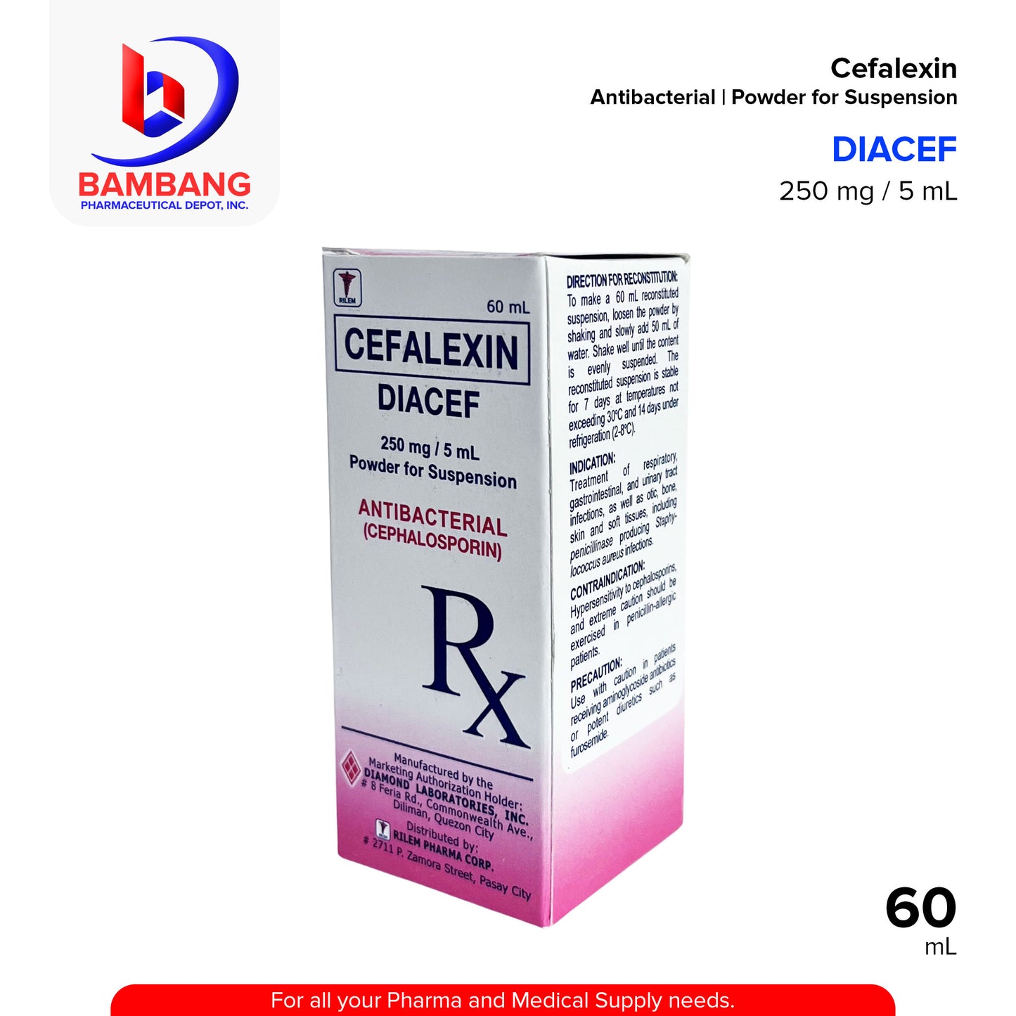 DIACEF Cefalexin Antibacterial Cephalosporin 250 mg / 5ml Powder for Suspension 60mL