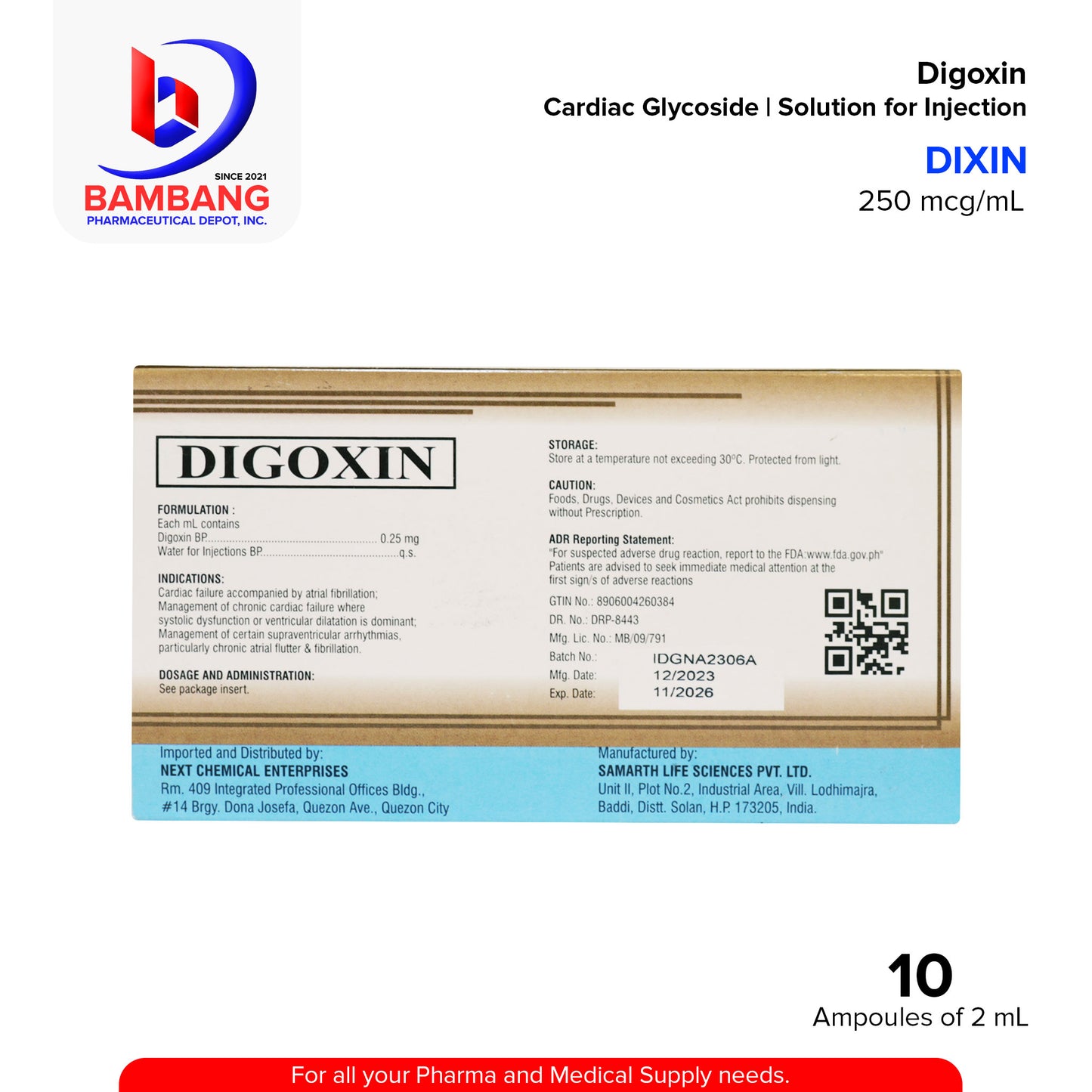 DIXIN Digoxin 250mcg/ml Solution for Injection (I.M/I.V) Cardiac Glycoside 2ml x Ampoule 10's