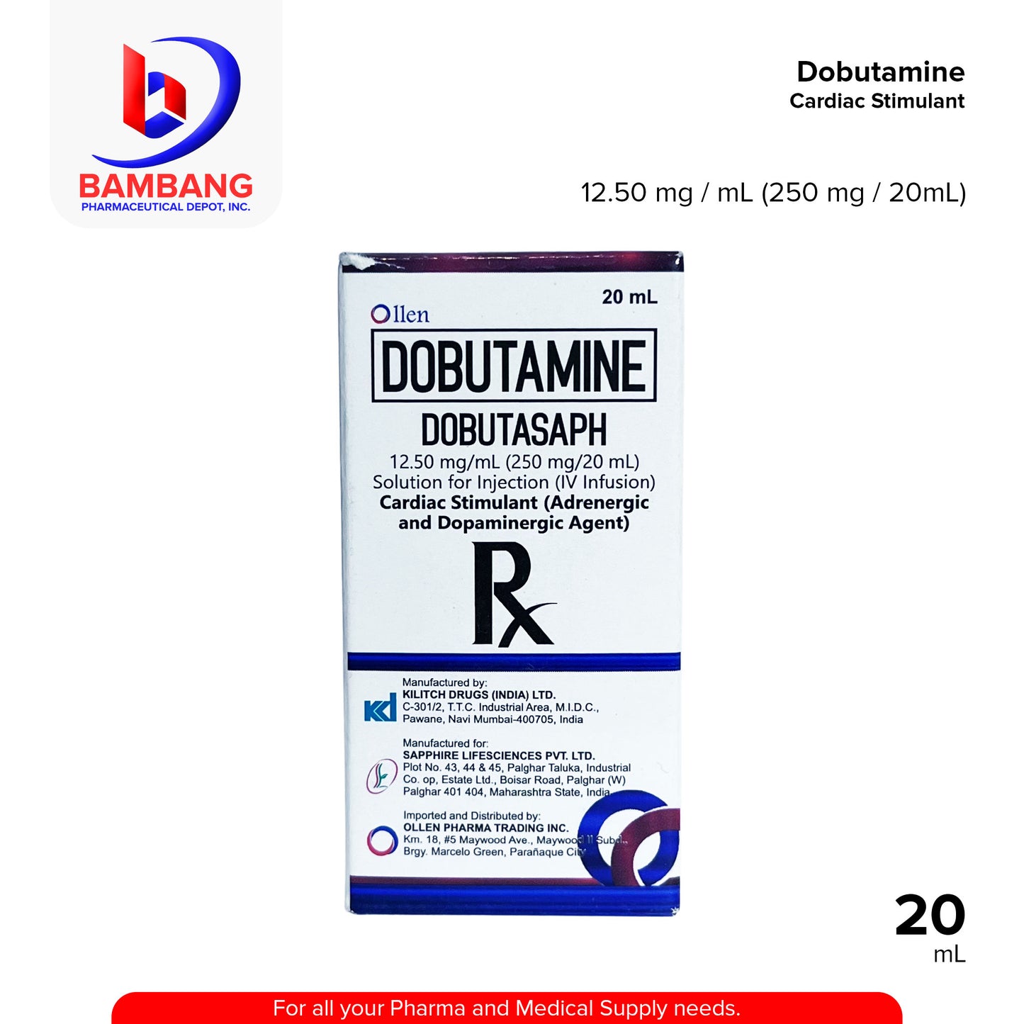 DOBUTASAPH Dobutamine 12.50mg/ml (250mg/20ml) Solution For Injection 20ml