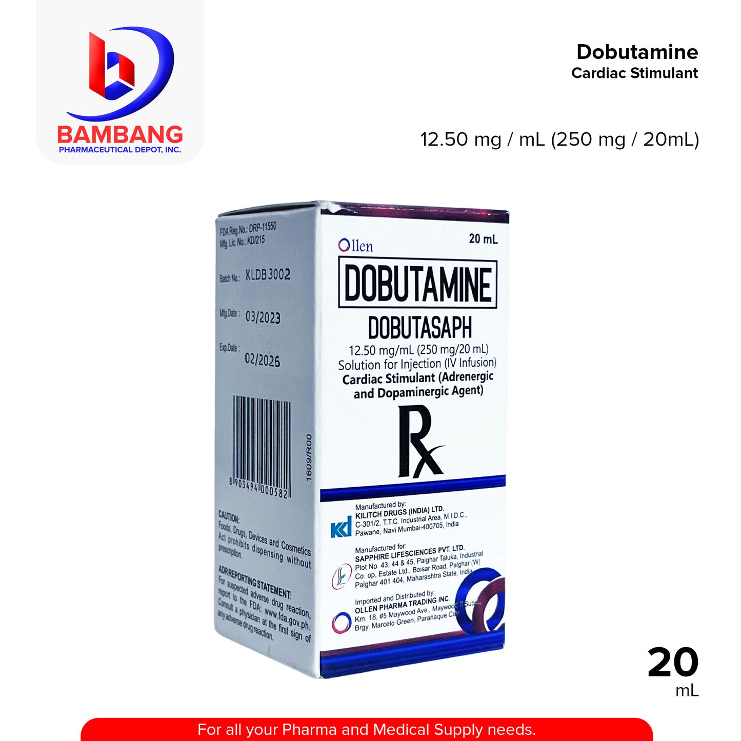 DOBUTASAPH Dobutamine 12.50mg/ml (250mg/20ml) Solution For Injection 20ml