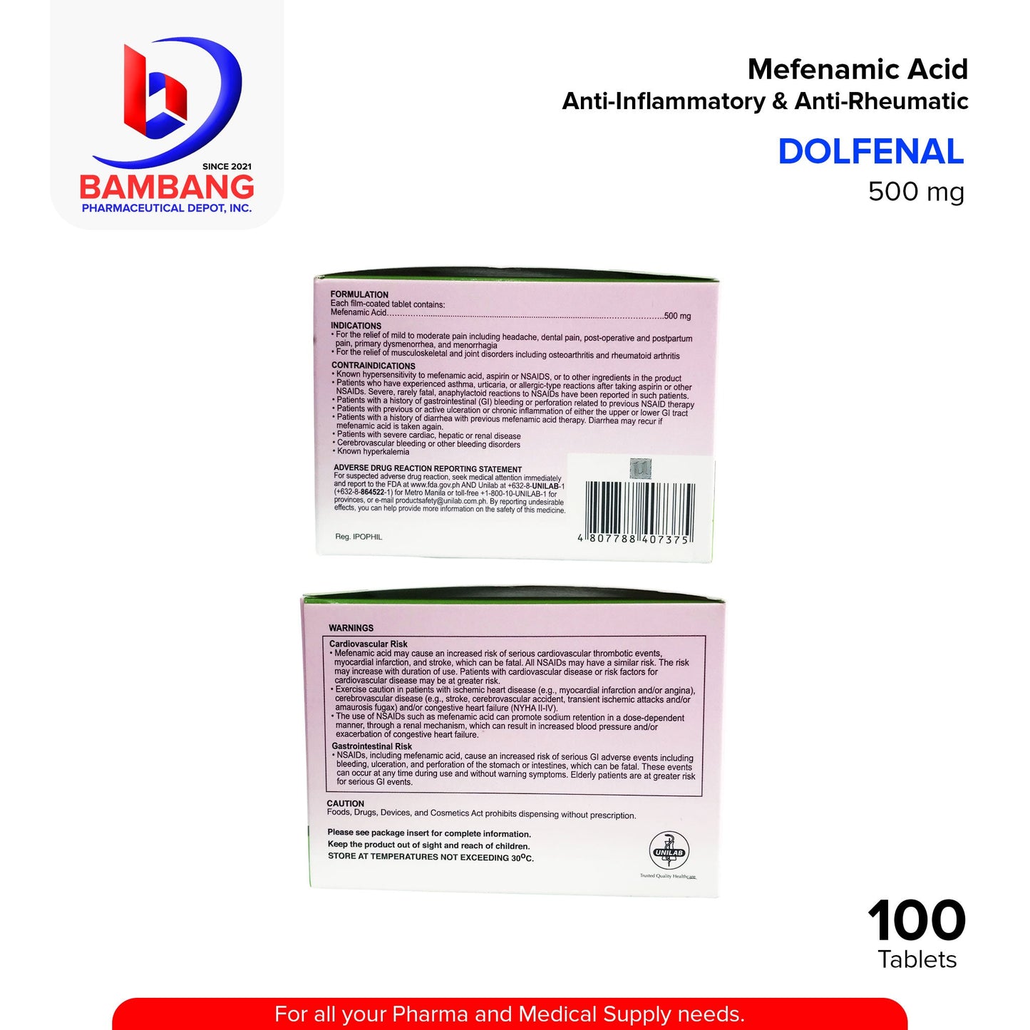 DOLFENAL Mefenamic Acid Anti-Inflammatory & Anti-Rheaumatic 500mg Tablet 100's