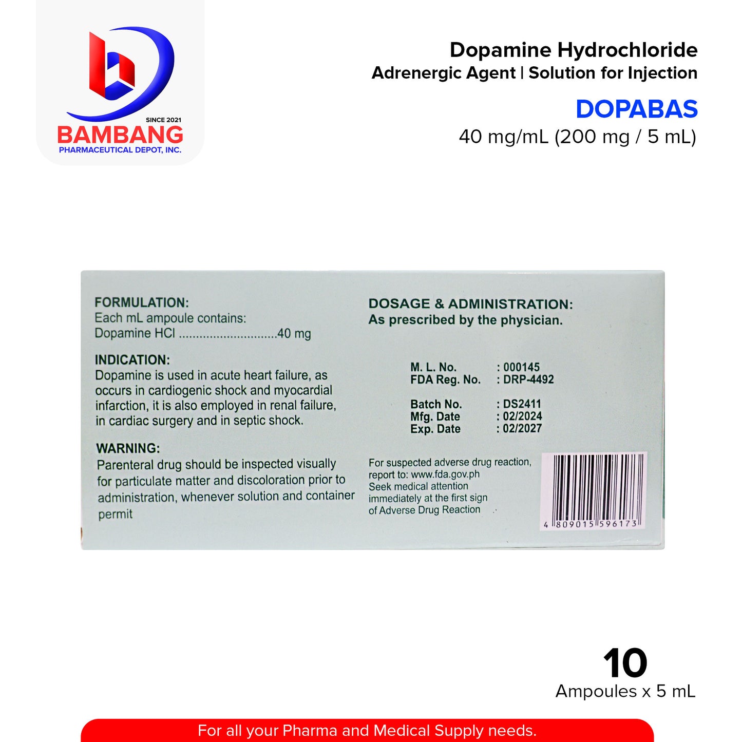 DOPABAS Dopamine Hydrochloride 40mg/ml (200mg/5ml) 5ml x Ampoules 10's