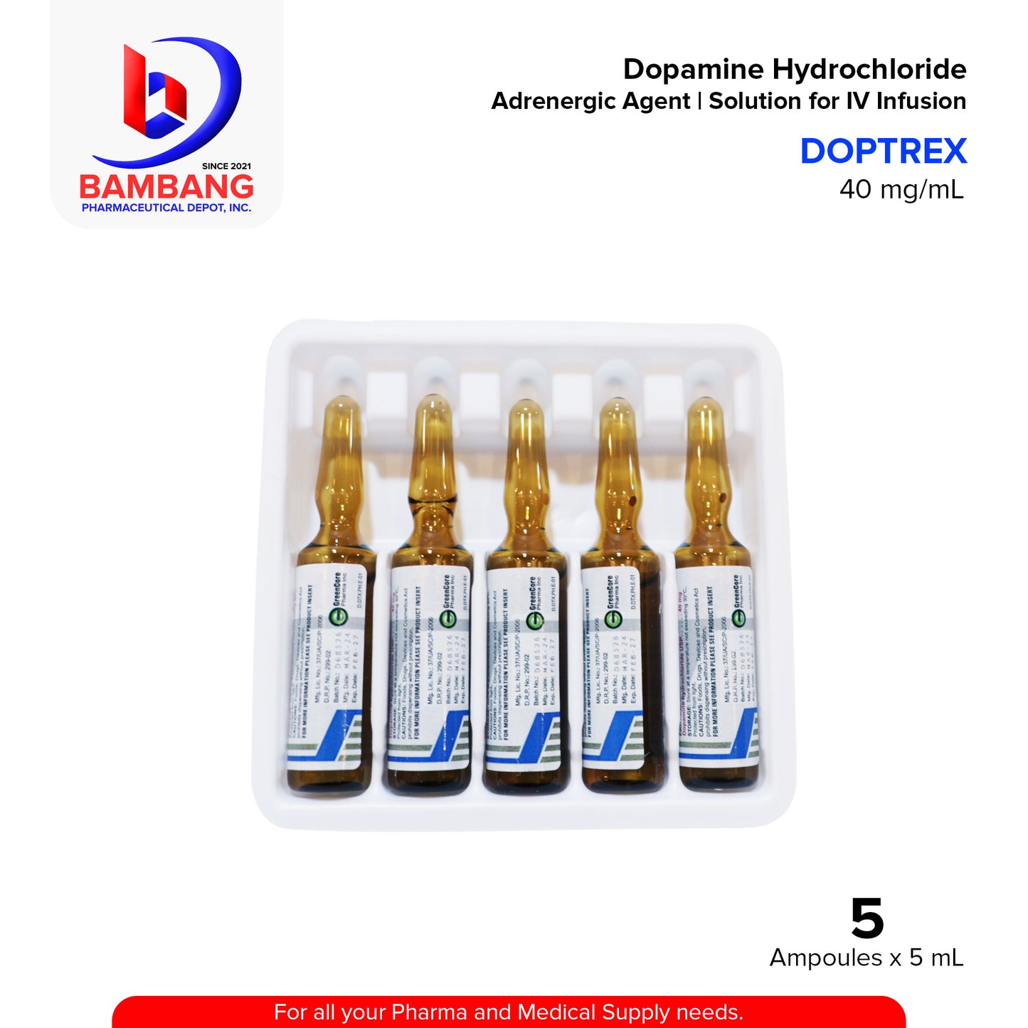 DOPTREX Dopamine Hydrochloride 40mg/ml Solution for IV Infusion 5ml x Ampoules 5's