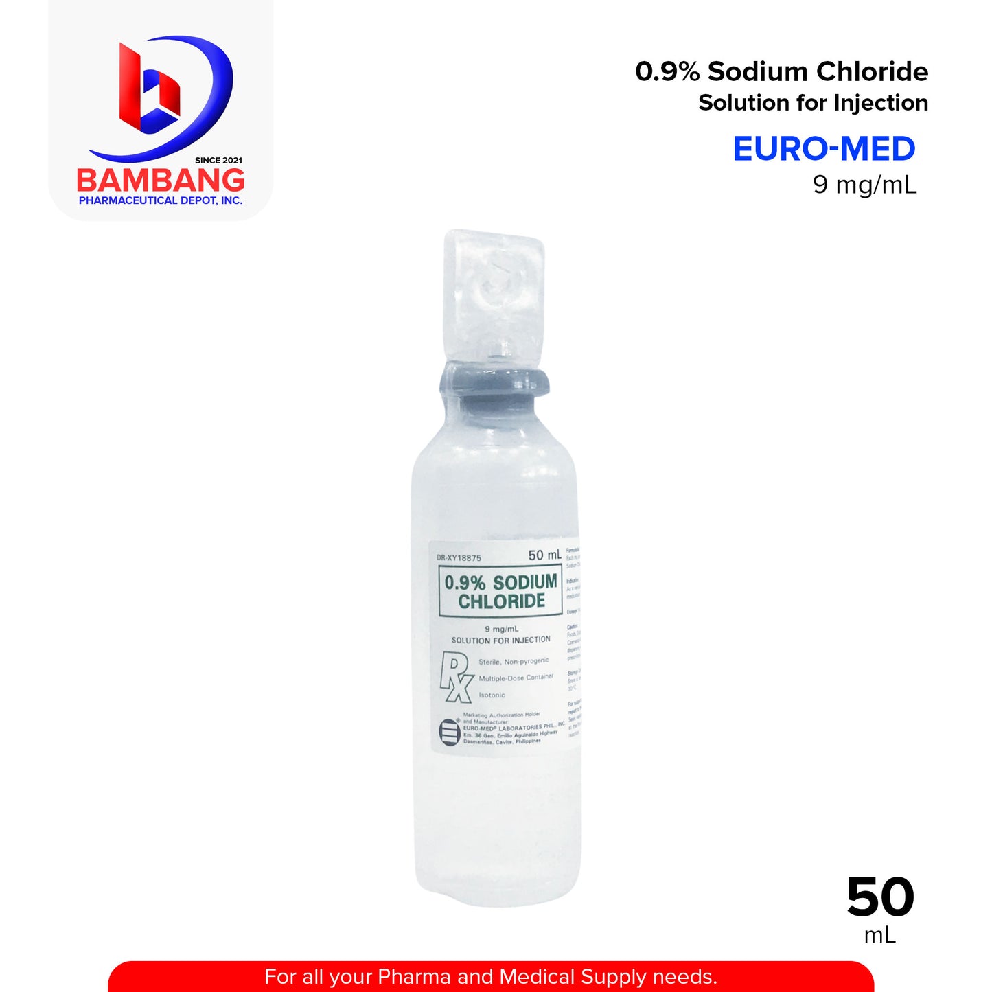 EUROMED 0.9% Sodium Chloride 9mg/ml Solution for Injection 50ml
