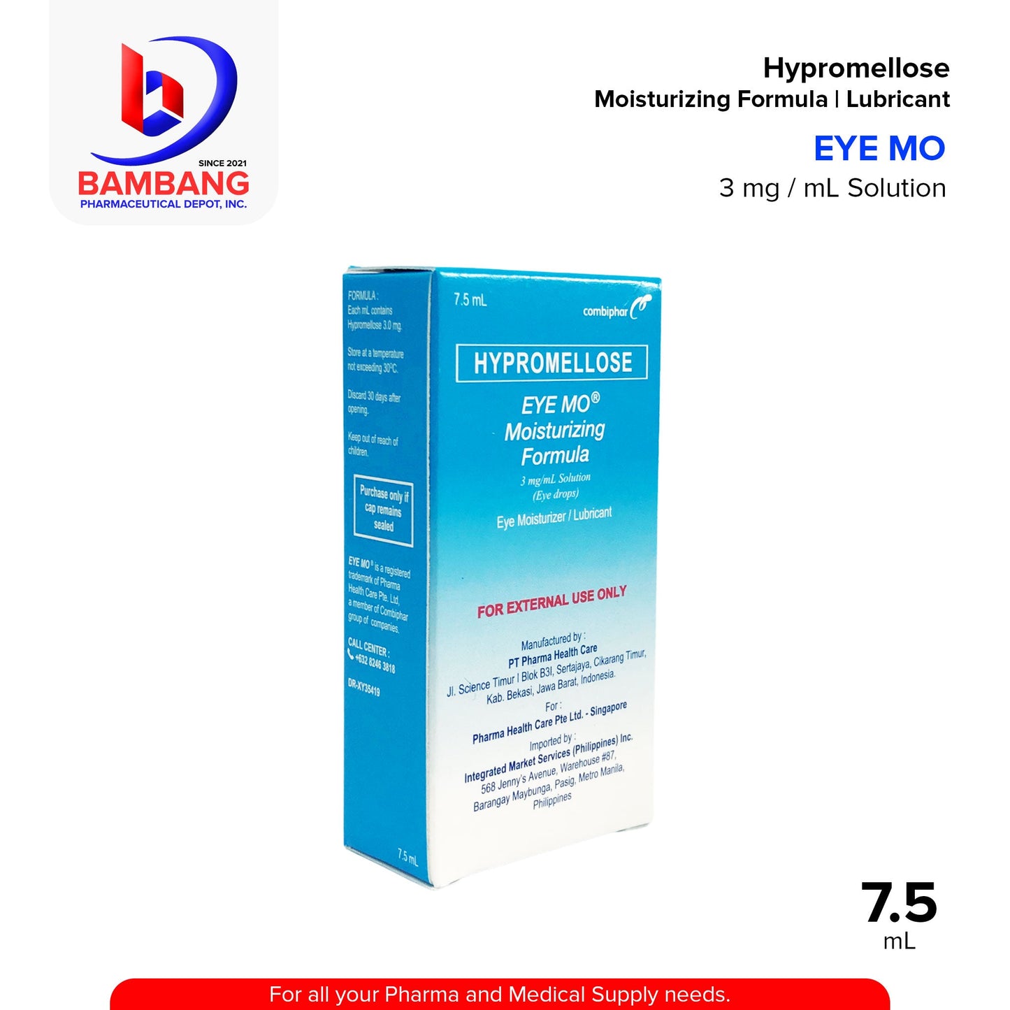EYE MO Hypromellose Moisturizing Formula 3mg/ml Solution Eye Drops Blue 7.5ml