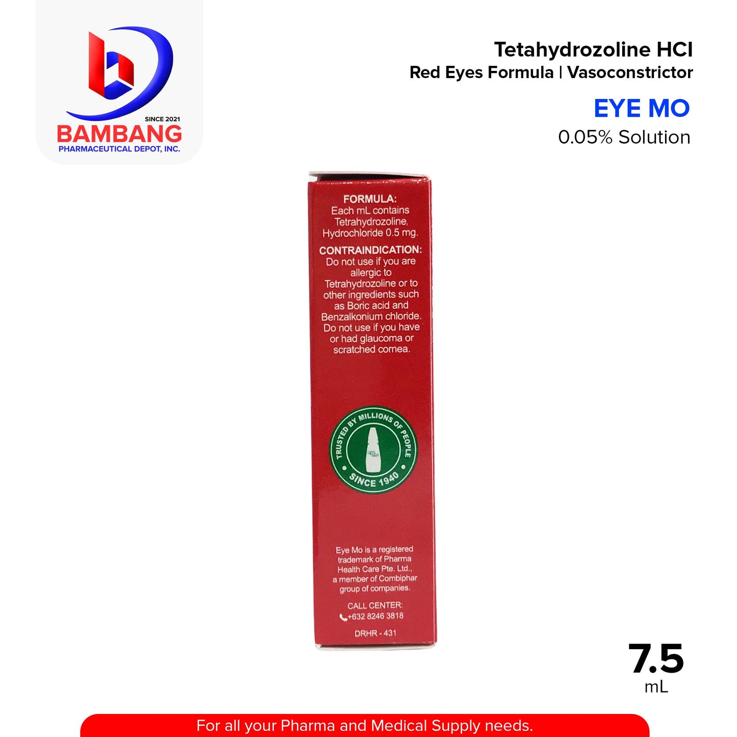 EYE MO RED Eyes Formula Tetrahydrozoline HCI 0.05% Solution Eye Drops 7.5ml