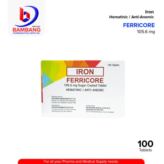 FERRICORE Iron (as Ferrous Sulfate) Sugar Coated Hematinic / Anti-Anemic 105.6 mg Tablet 100's