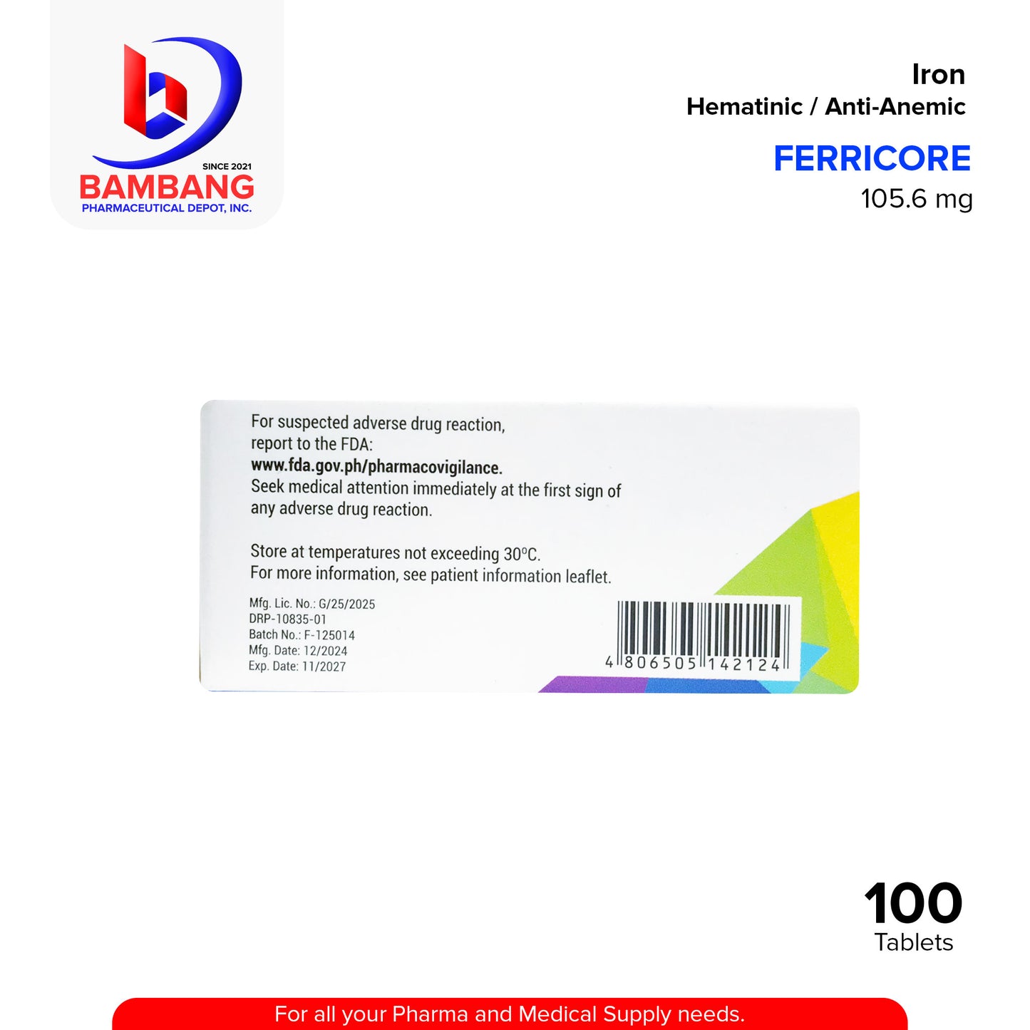 FERRICORE Iron (as Ferrous Sulfate) Sugar Coated Hematinic / Anti-Anemic 105.6 mg Tablet 100's