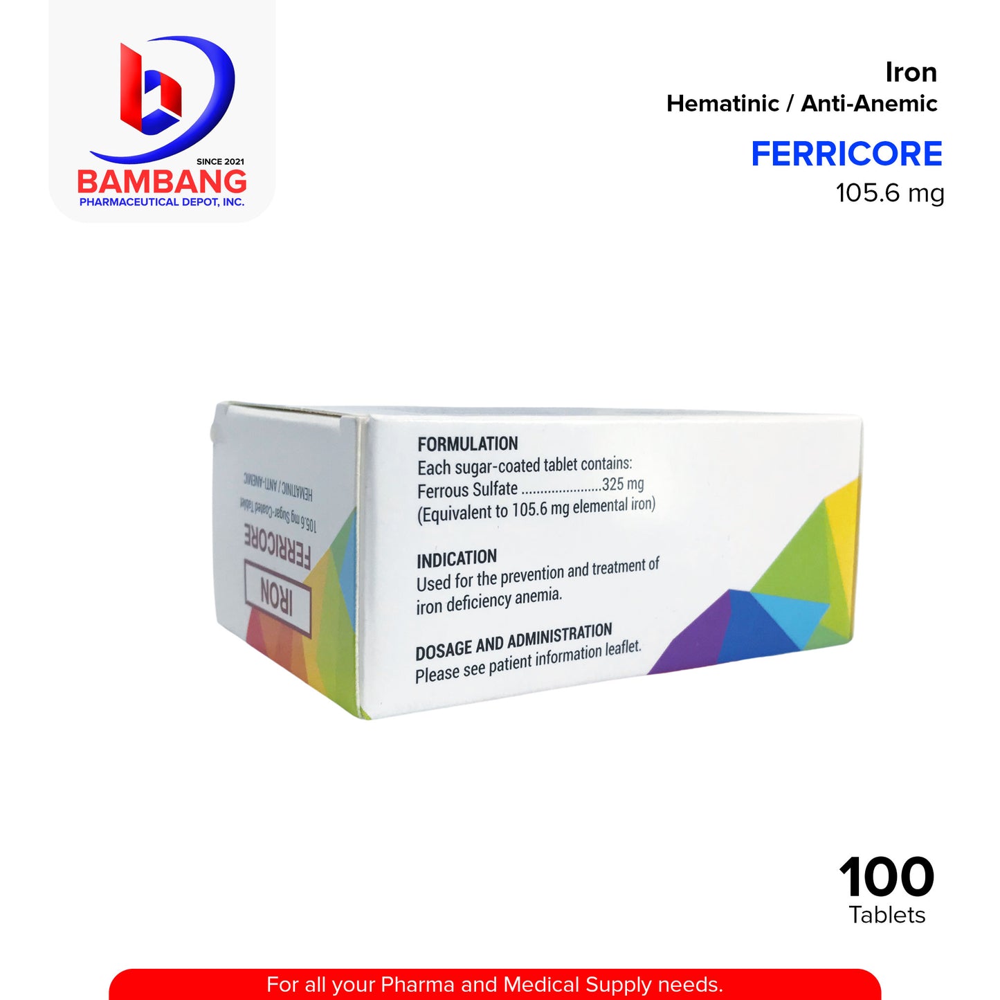 FERRICORE Iron (as Ferrous Sulfate) Sugar Coated Hematinic / Anti-Anemic 105.6 mg Tablet 100's