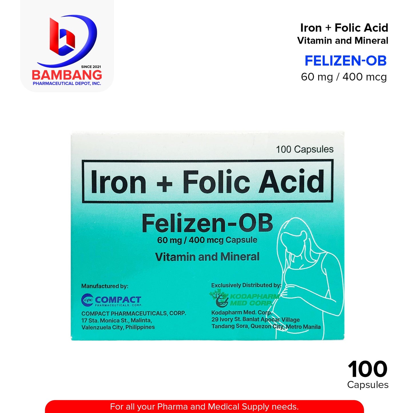 FELIZEN-OB Iron + Folic Acid Vitamin and Mineral 60 mg / 400 mcg Capsule 100's