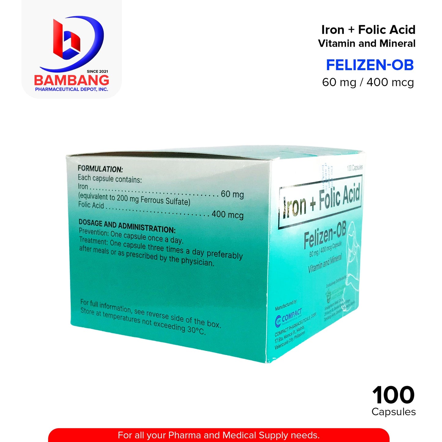 FELIZEN-OB Iron + Folic Acid Vitamin and Mineral 60 mg / 400 mcg Capsule 100's