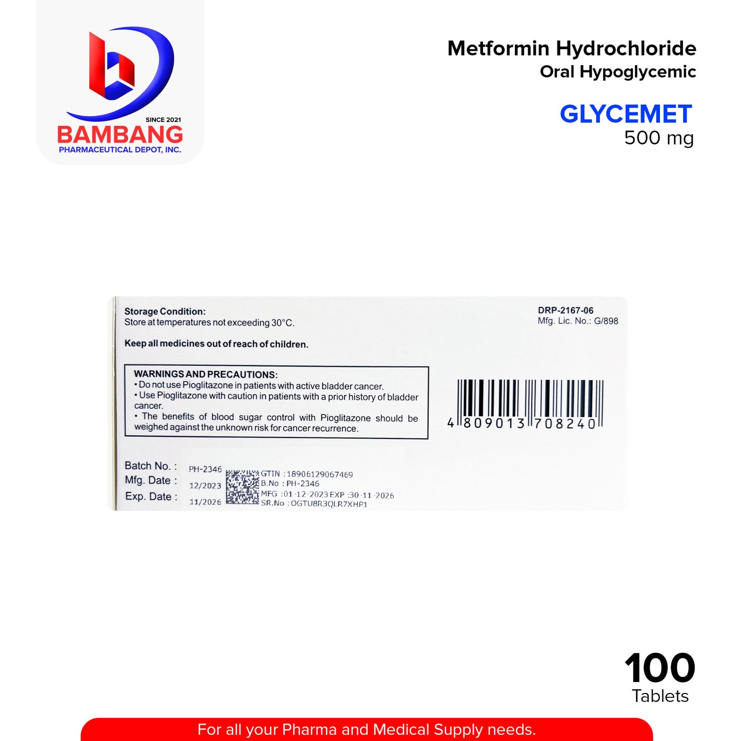 GLYCEMET Metformin Hydrochloride 500mg FC Oral Hypoglycemic Tablets 100's