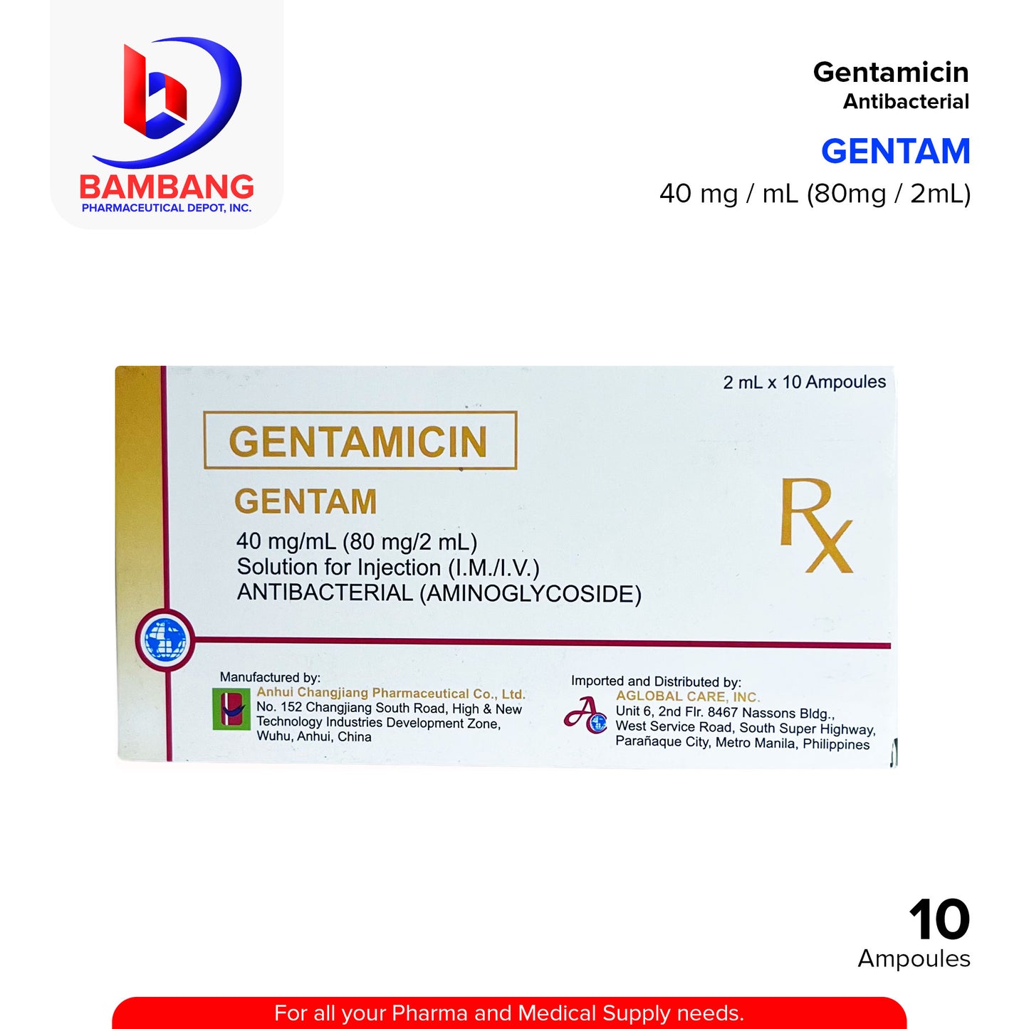 GENTAM Gentamicin 40 mg/mL 80mg/2 mL Antibacterial Ampoules 10's