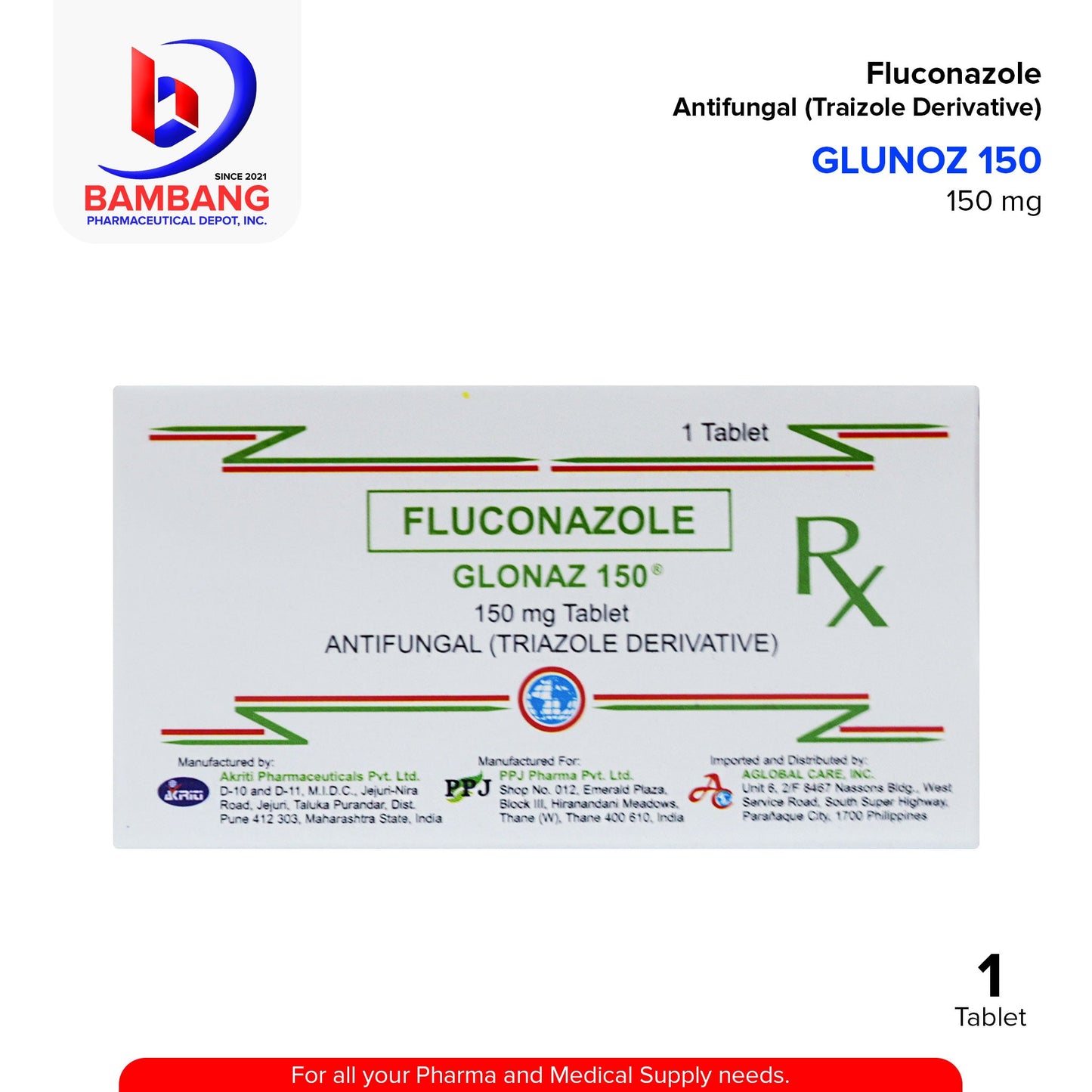 GLONAZ 150 Fluconazole Antifungal Triazole Derivative 150mg Tablet 1's