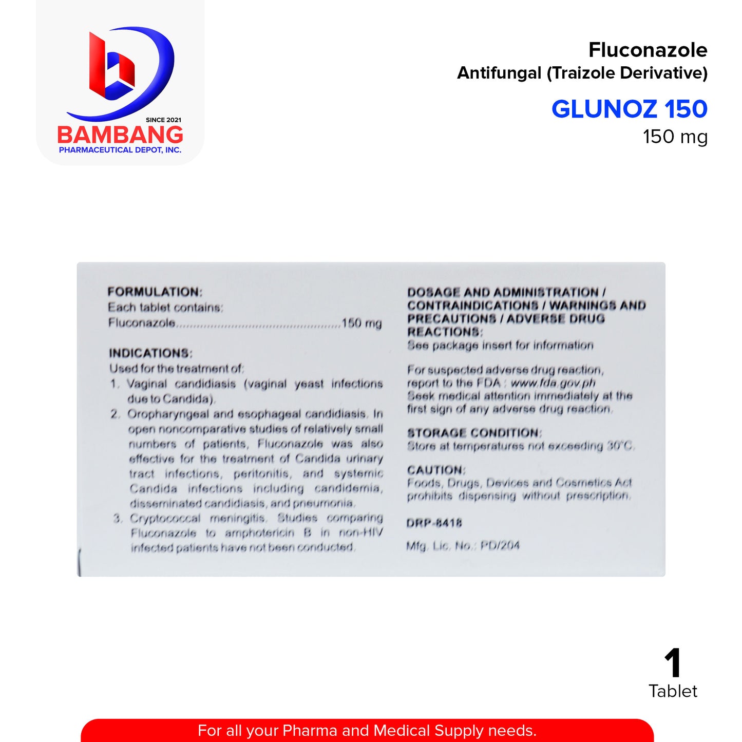 GLONAZ 150 Fluconazole Antifungal Triazole Derivative 150mg Tablet 1's