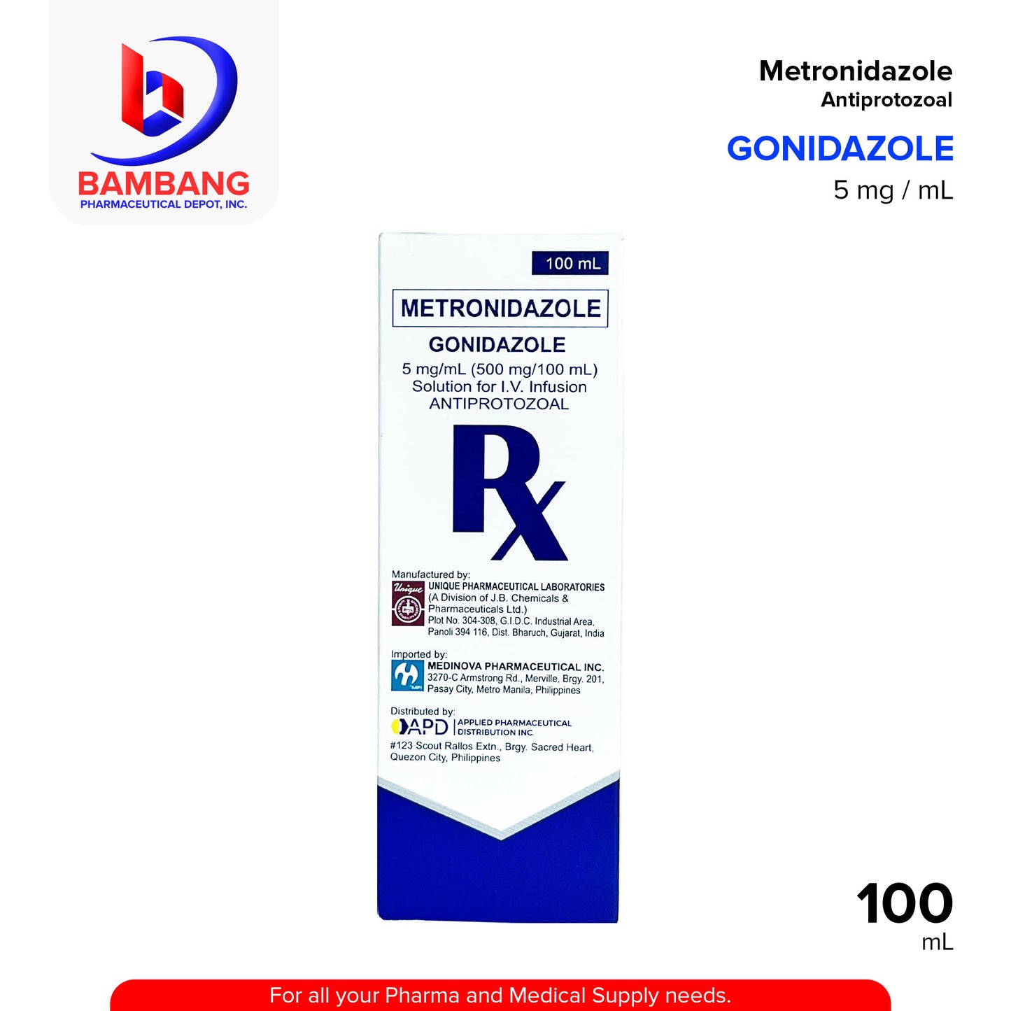 GONIDAZOLE Metronidazole Antiprotozoal 5 mg / mL 100mL