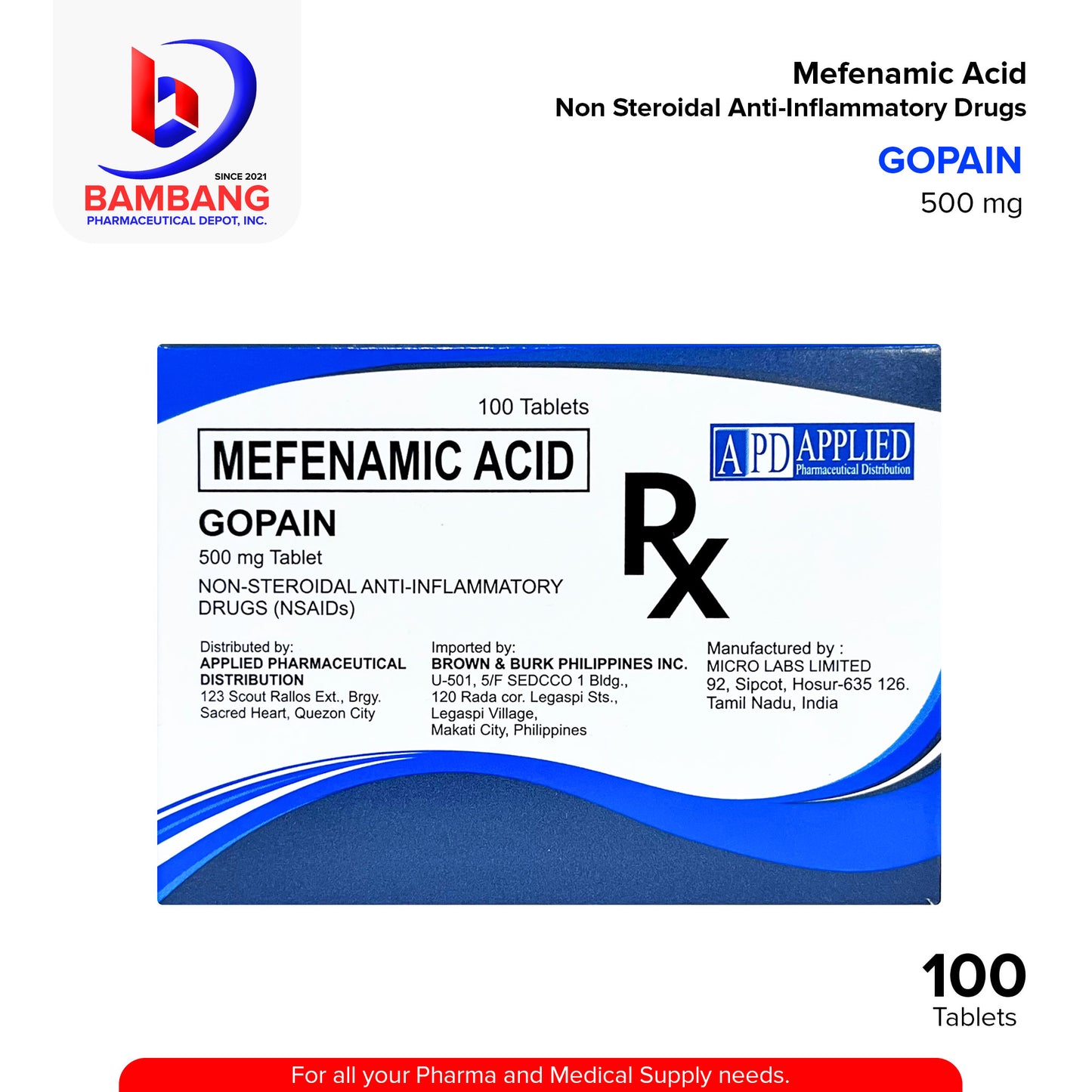 GOPAIN Mefenamic Acid 500mg Non Steroidal Anti-Inflammatory Tablet 100's