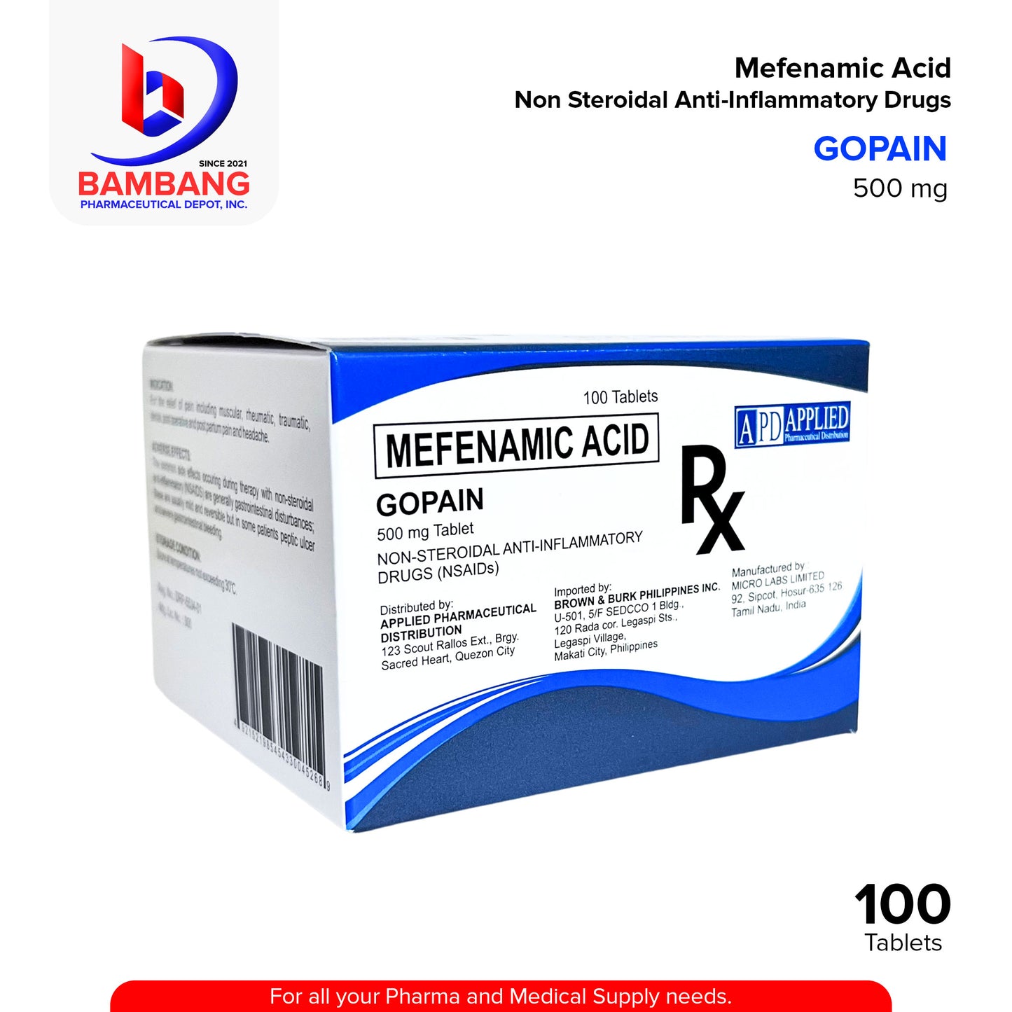 GOPAIN Mefenamic Acid 500mg Non Steroidal Anti-Inflammatory Tablet 100's