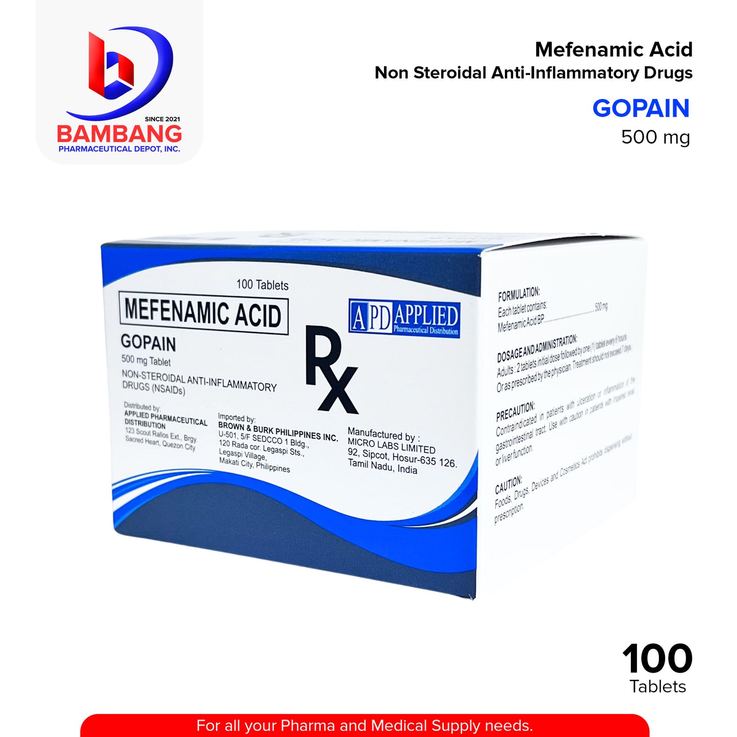GOPAIN Mefenamic Acid 500mg Non Steroidal Anti-Inflammatory Tablet 100's