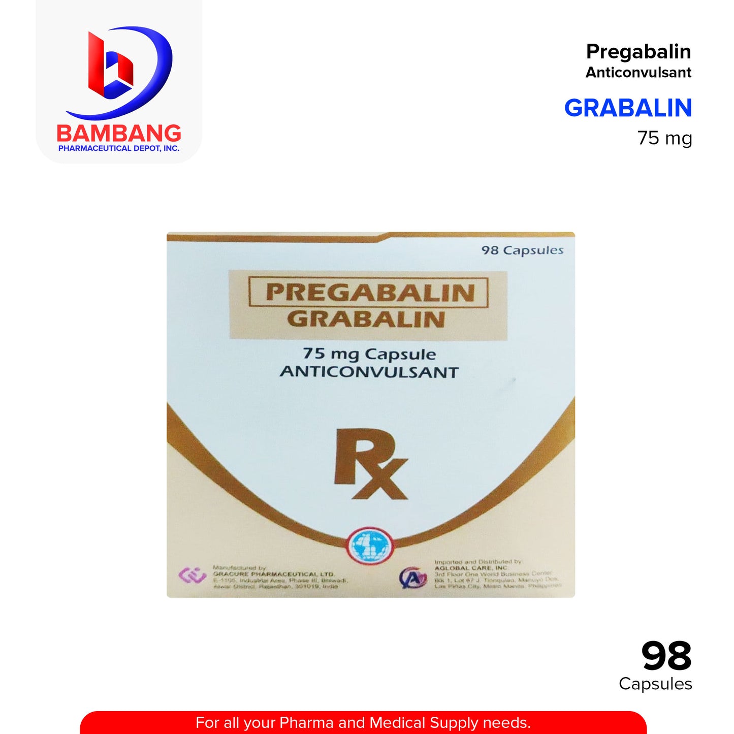 GRABALIN Pregabalin Anticonvulsant 75 mg Capsules 98's