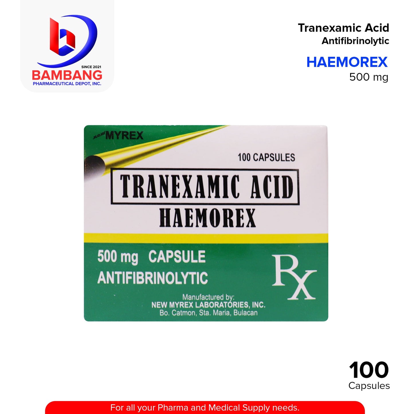 HAEMOREX Tranexamic Acid Antifibrinolytic 500mg Capsule 100's