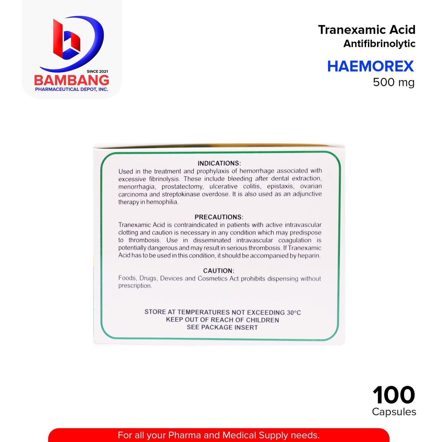 HAEMOREX Tranexamic Acid Antifibrinolytic 500mg Capsule 100's