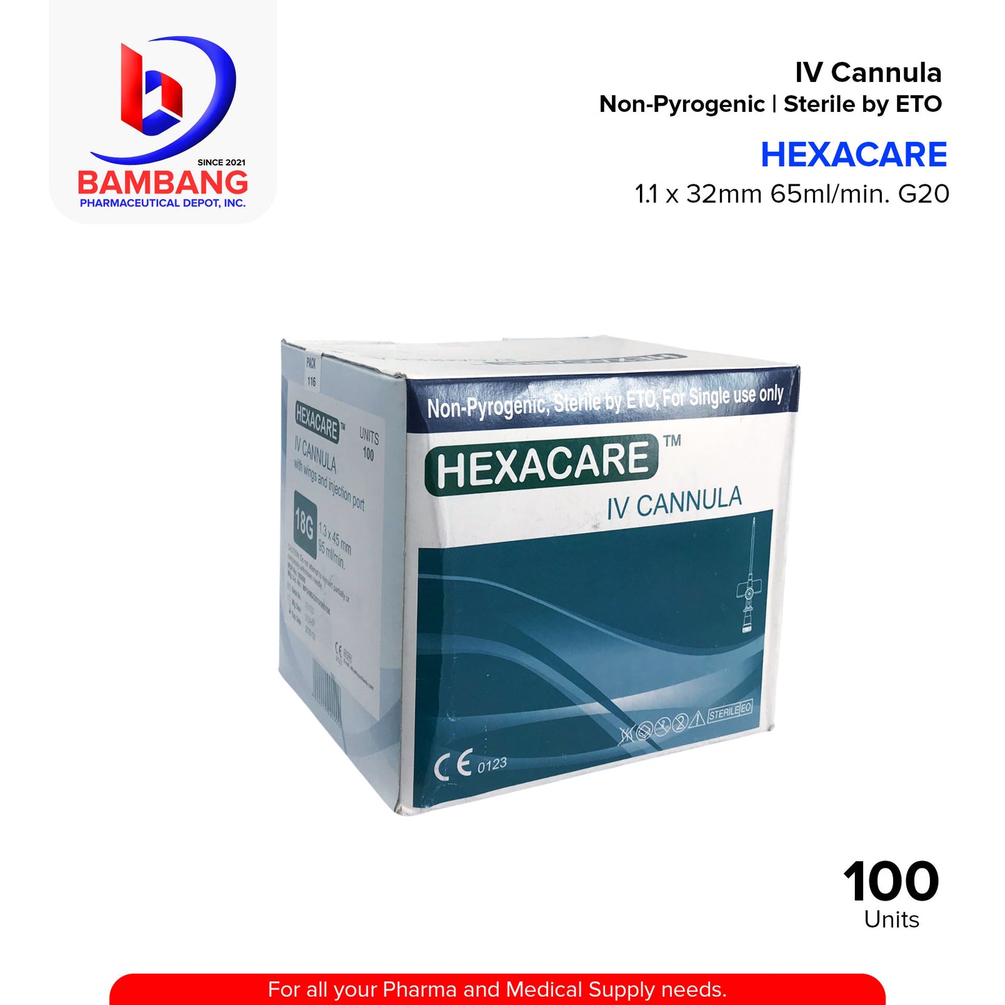 HEXACARE IV Cannula With Wings And Injection Port 1.1 x 32mm 65ml/min 20g 100's