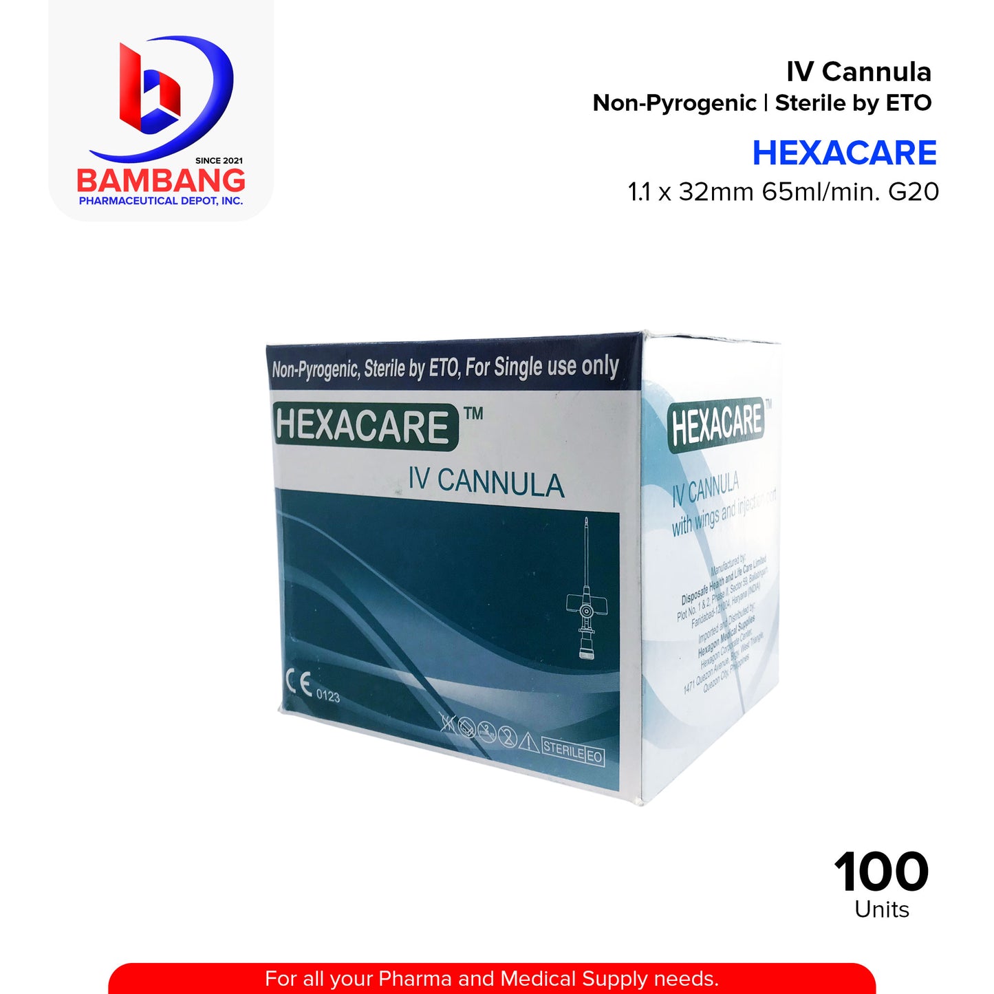 HEXACARE IV Cannula With Wings And Injection Port 1.1 x 32mm 65ml/min 20g 100's