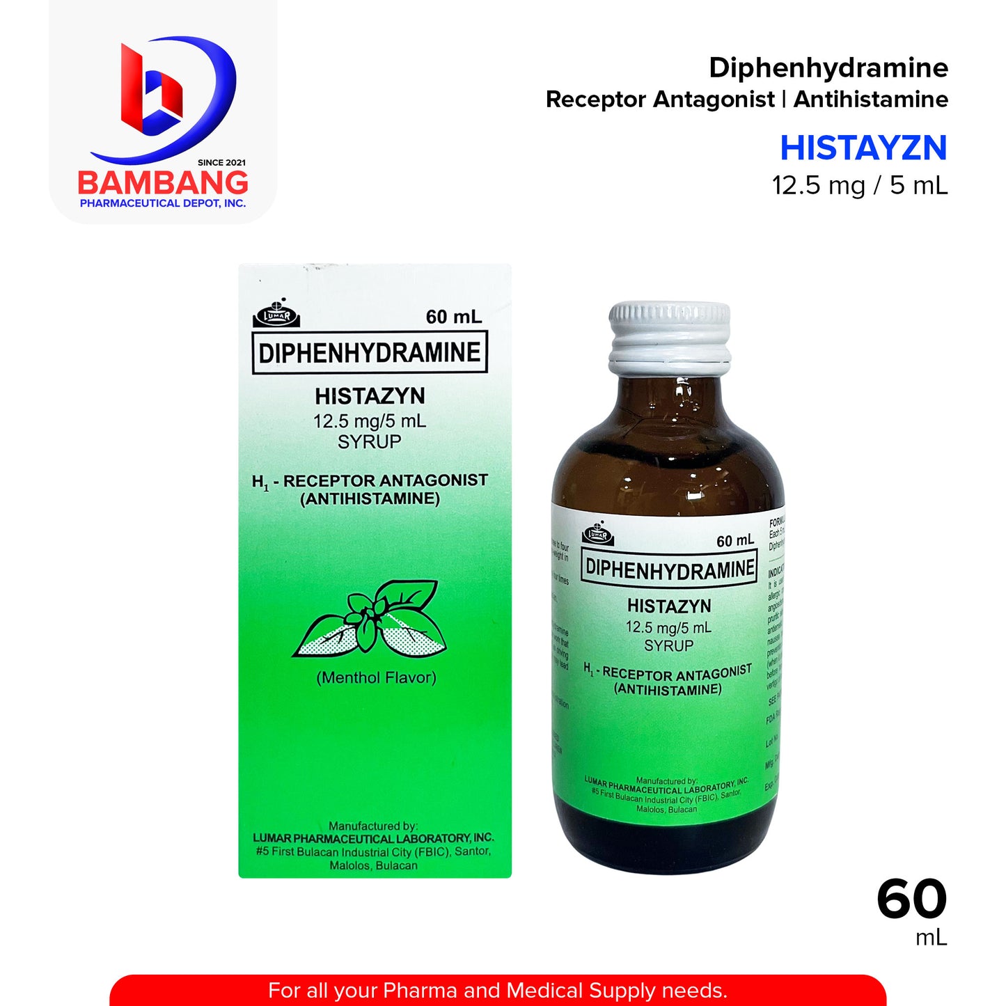 HISTAZYN Diphenhydramine Receptor Antagonist Antihistamine Syrup 12.5 mg/ml 60mL