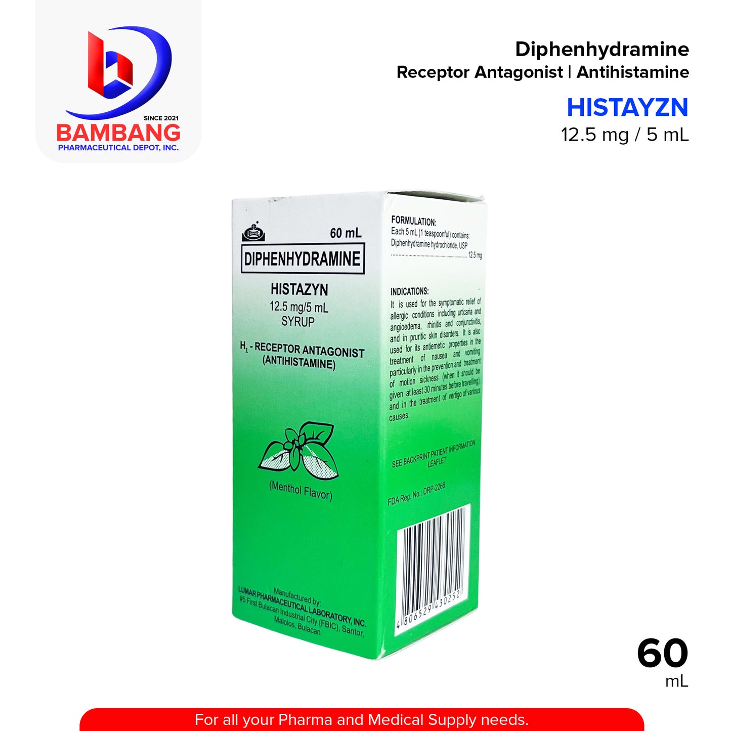 HISTAZYN Diphenhydramine Receptor Antagonist Antihistamine Syrup 12.5 mg/ml 60mL