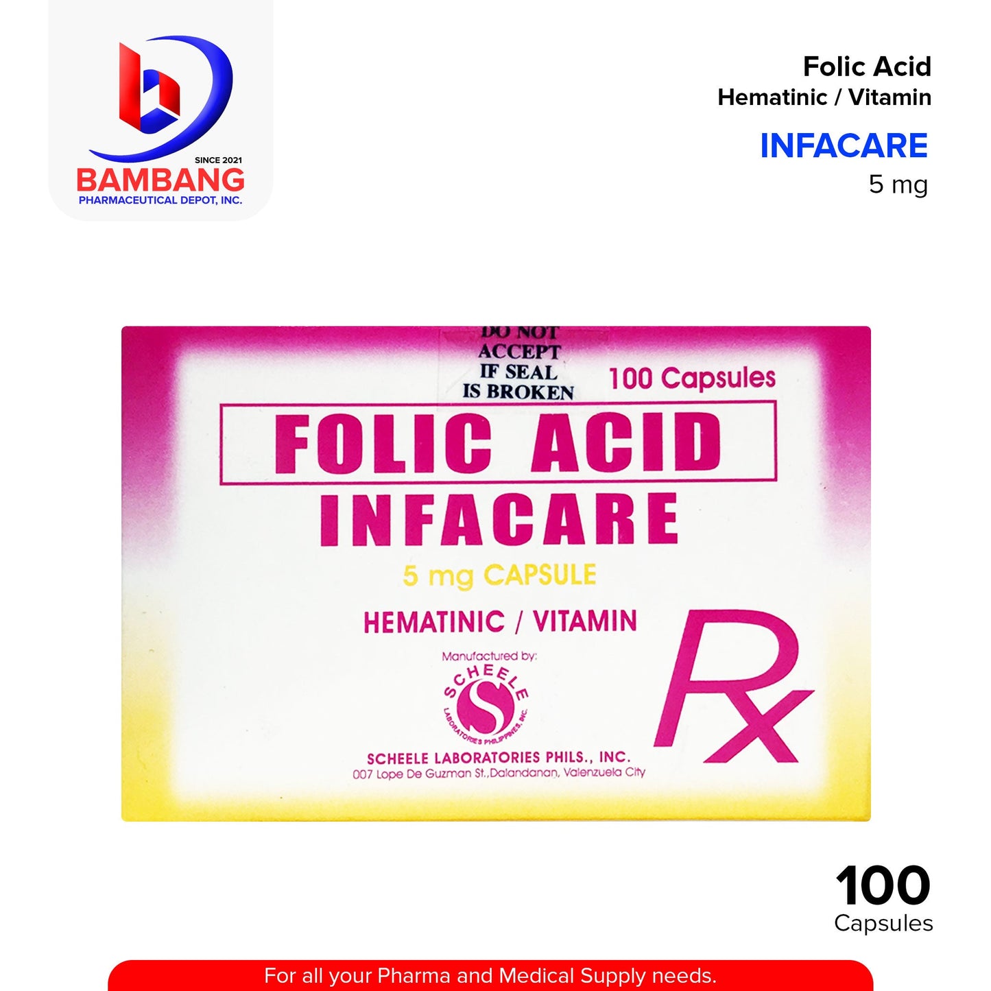 INFACARE Folic Acid Hematinic / Vitamin 5 mg Capsules 100's