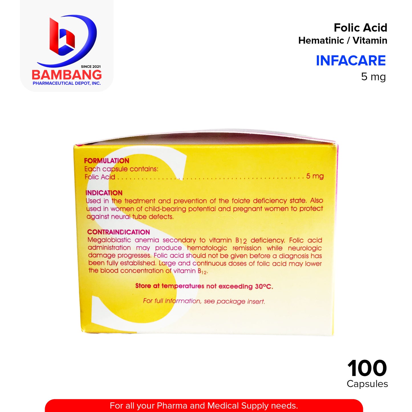 INFACARE Folic Acid Hematinic / Vitamin 5 mg Capsules 100's