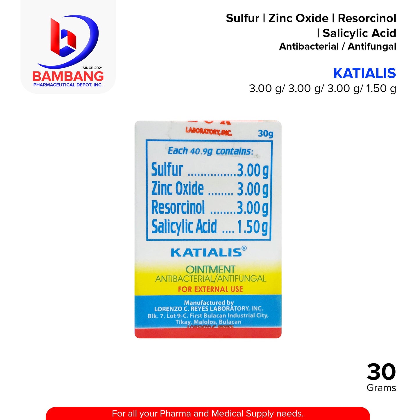 KATIALIS Ointment Antibacterial / Antifungal Sulfur 3g Zinc Oxide 3g Resorcinol 3g Salicylic Acid 1.50g 30G