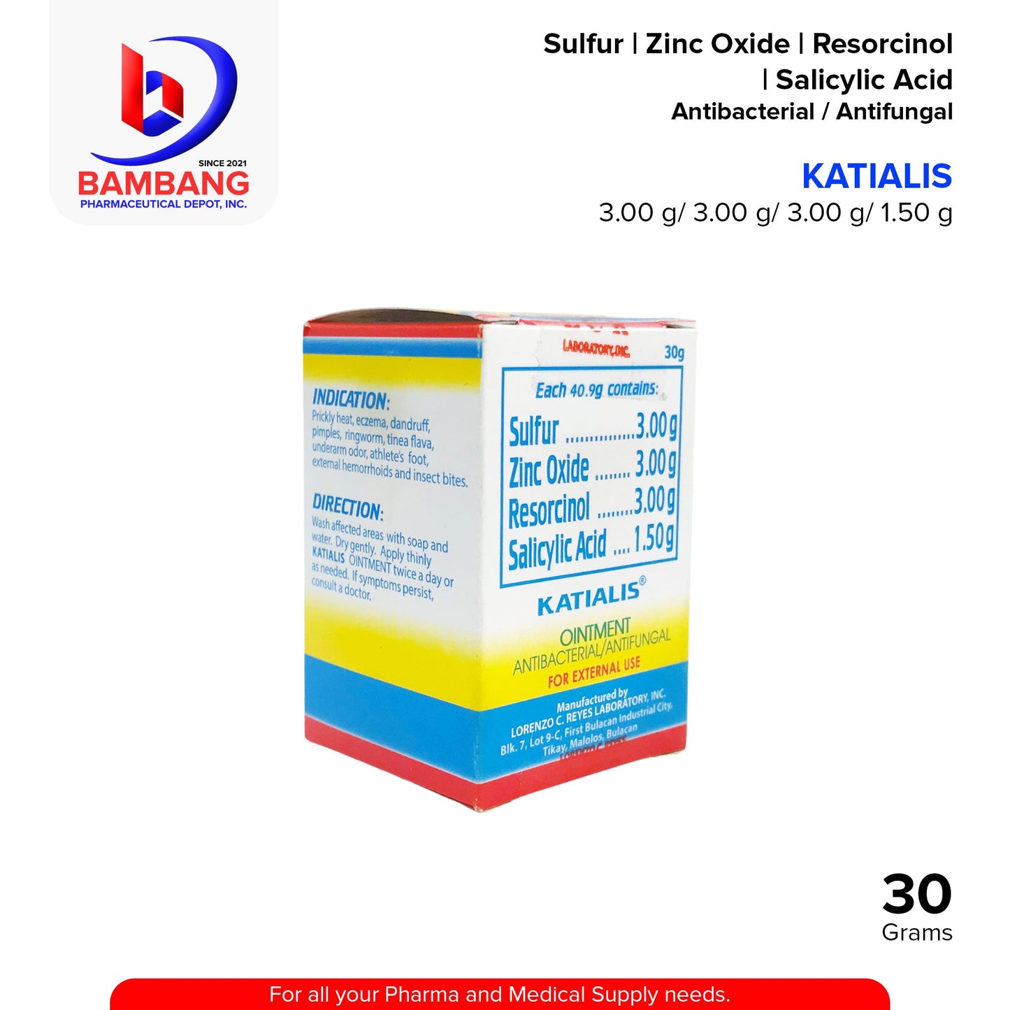 KATIALIS Ointment Antibacterial / Antifungal Sulfur 3g Zinc Oxide 3g Resorcinol 3g Salicylic Acid 1.50g 30G