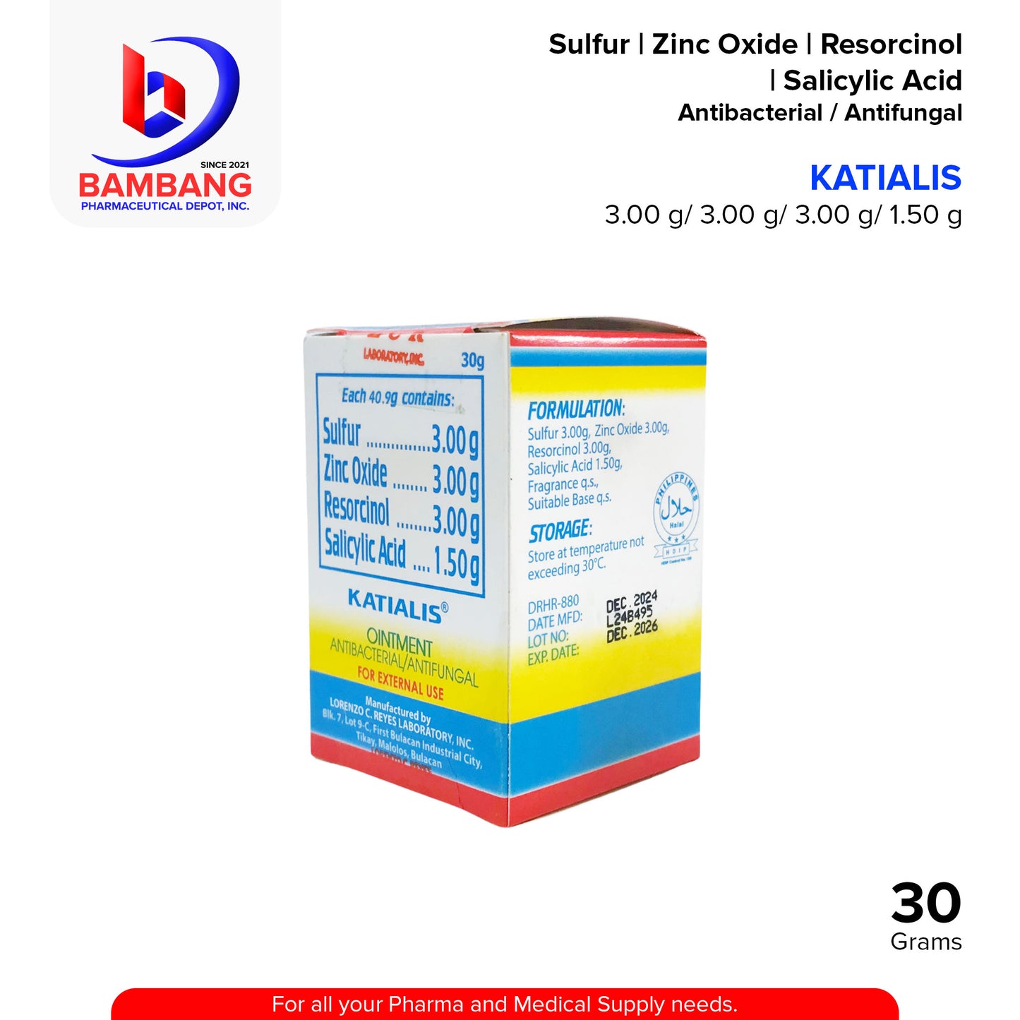 KATIALIS Ointment Antibacterial / Antifungal Sulfur 3g Zinc Oxide 3g Resorcinol 3g Salicylic Acid 1.50g 30G