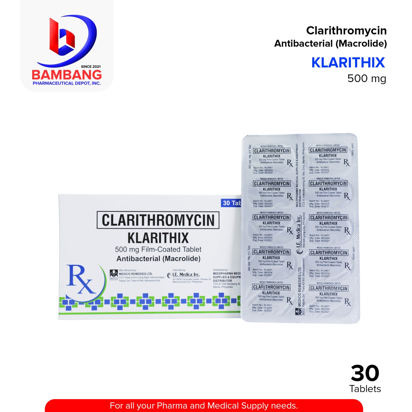 KLARITHIX Clarithromycin Antibacterial Macrolide 500mg Tablet 30's