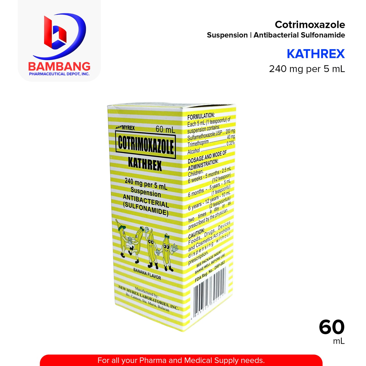 KATHREX Cotrimoxazole 240 mg per 5 ml Suspension Antibacterial Sulfonamide 60mL