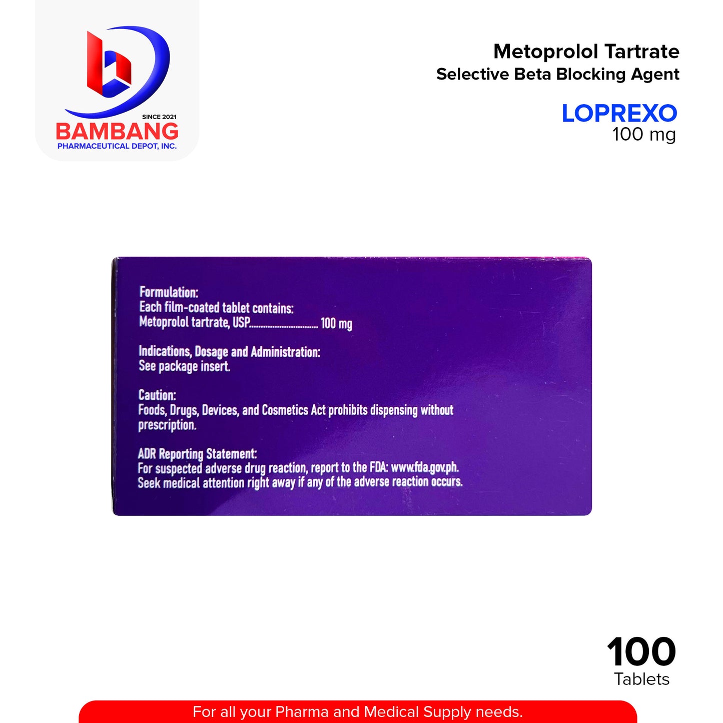 LOPREXO Metoprolol Tartrate Selective Beta Blocking Agent 100 mg Film Coated Tablet 100's