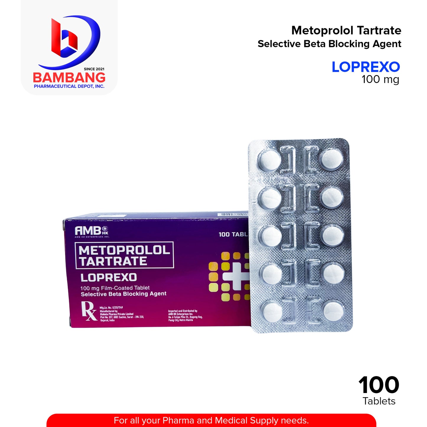 LOPREXO Metoprolol Tartrate Selective Beta Blocking Agent 100 mg Film Coated Tablet 100's