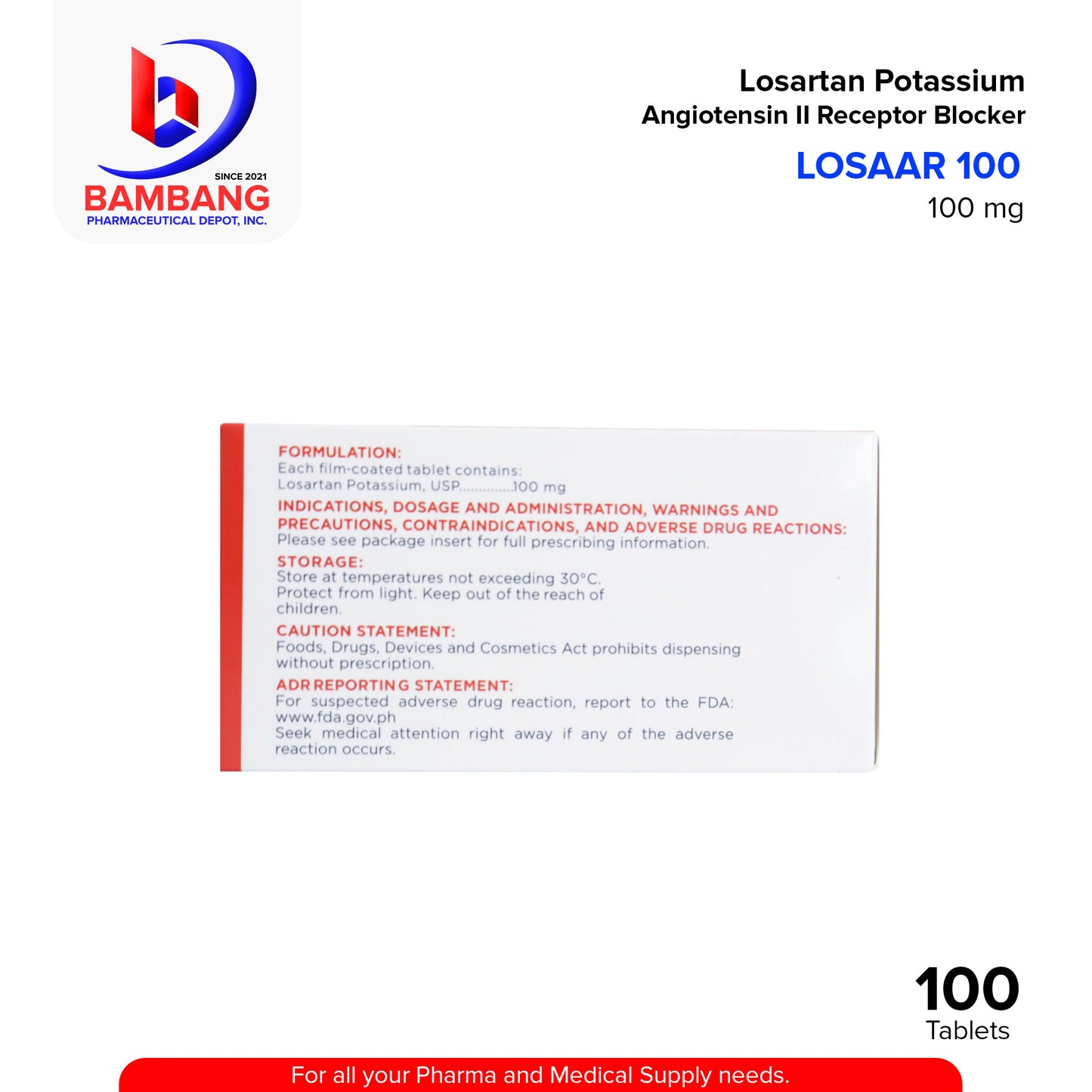 LOSAAR 100 Losartan Potassium 100mg Film Coated Tablet 100's